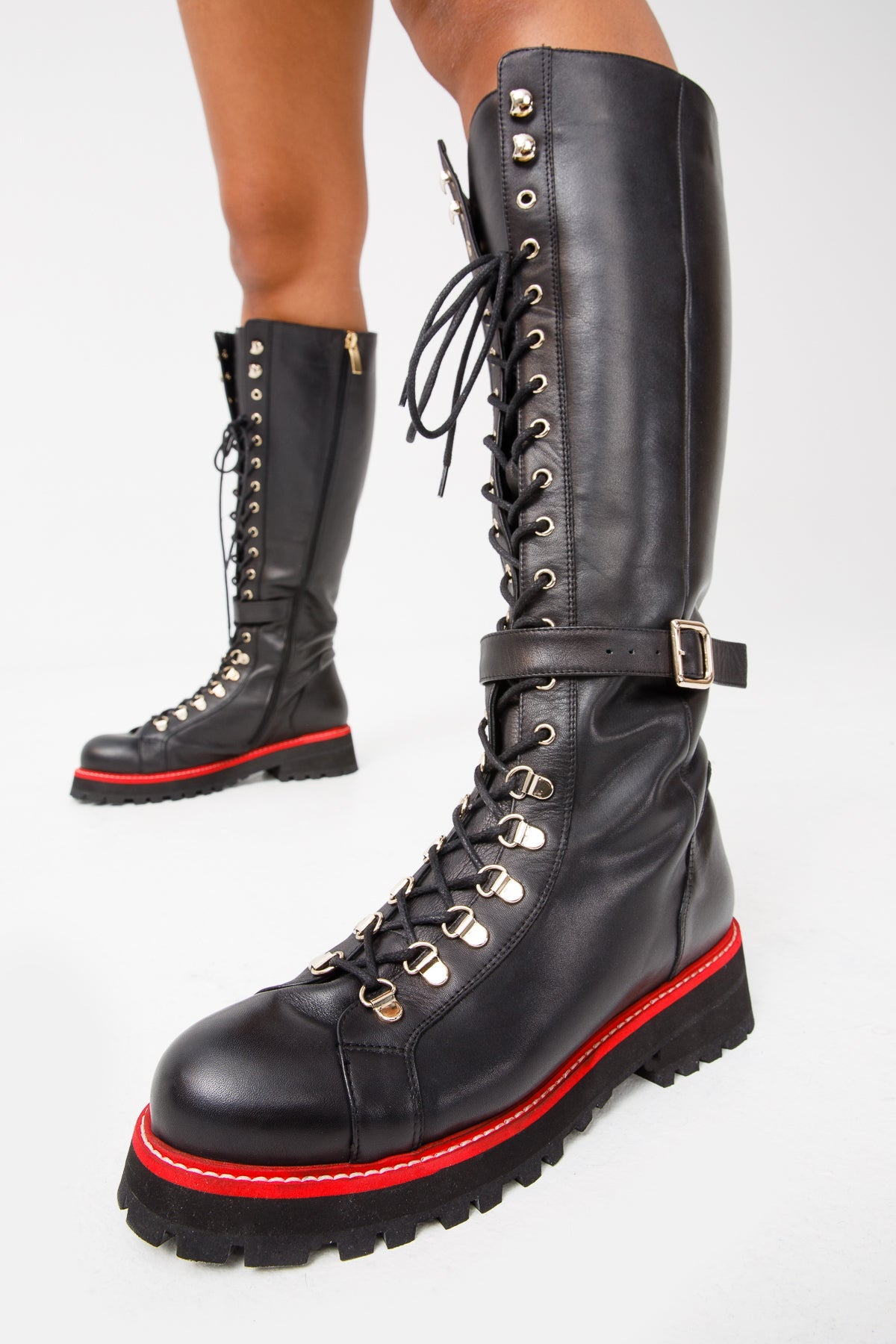 The Istinye Black Leather Knee High Lace-Up Boot Limited Edition On Sale
