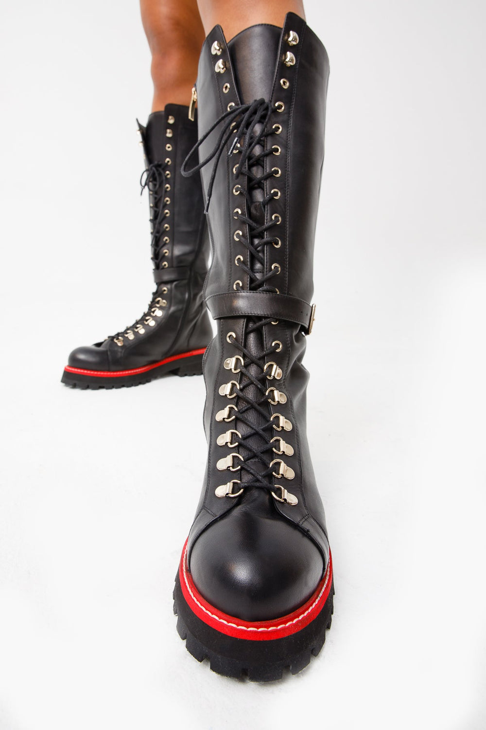 The Istinye Black Leather Knee High Lace-Up Boot Limited Edition On Sale