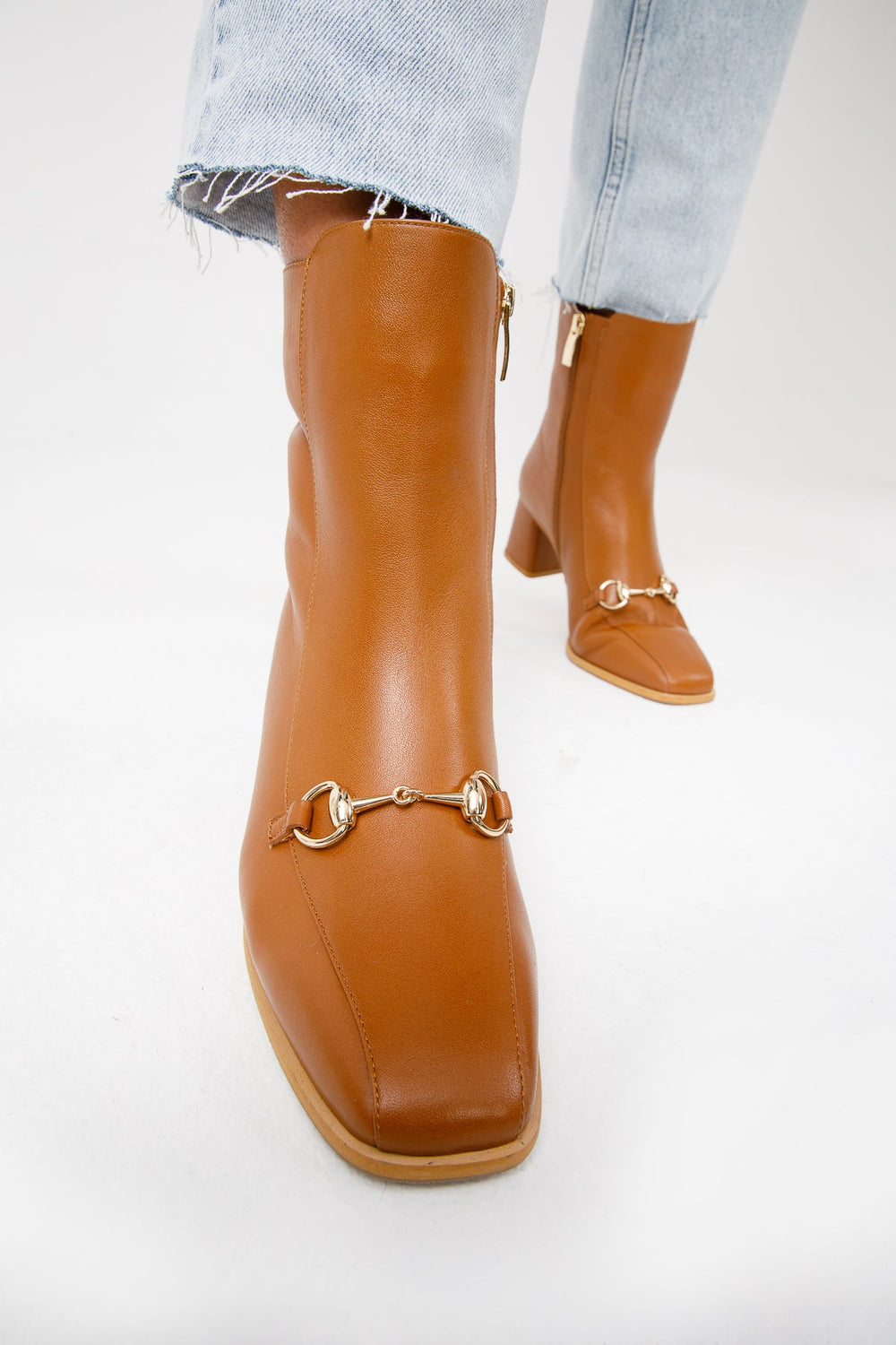 The Bukres Tan Leather Block Heel Mid Calf Boot For Sale