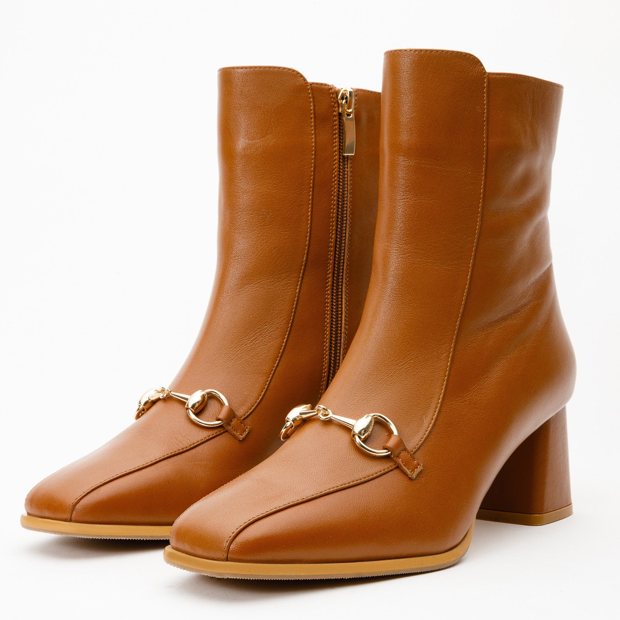 The Bukres Tan Leather Block Heel Mid Calf Boot For Sale