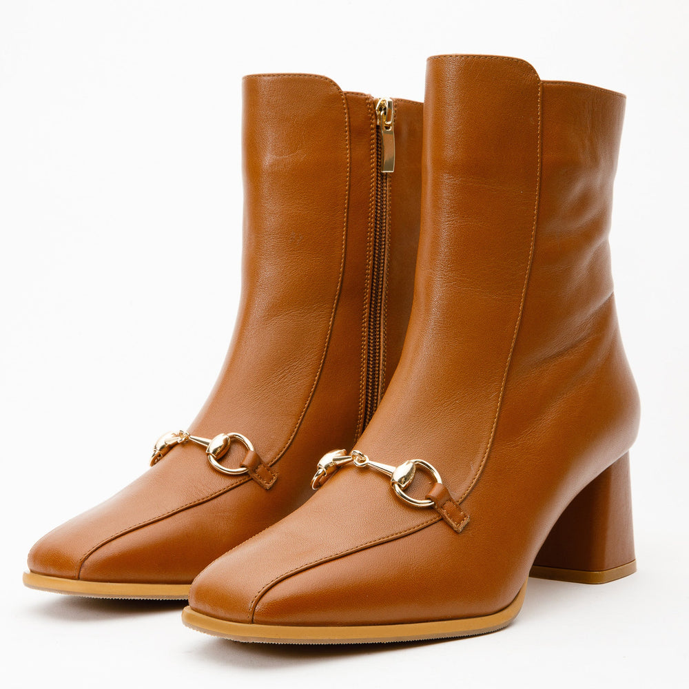 The Bukres Tan Leather Block Heel Mid Calf Boot For Sale