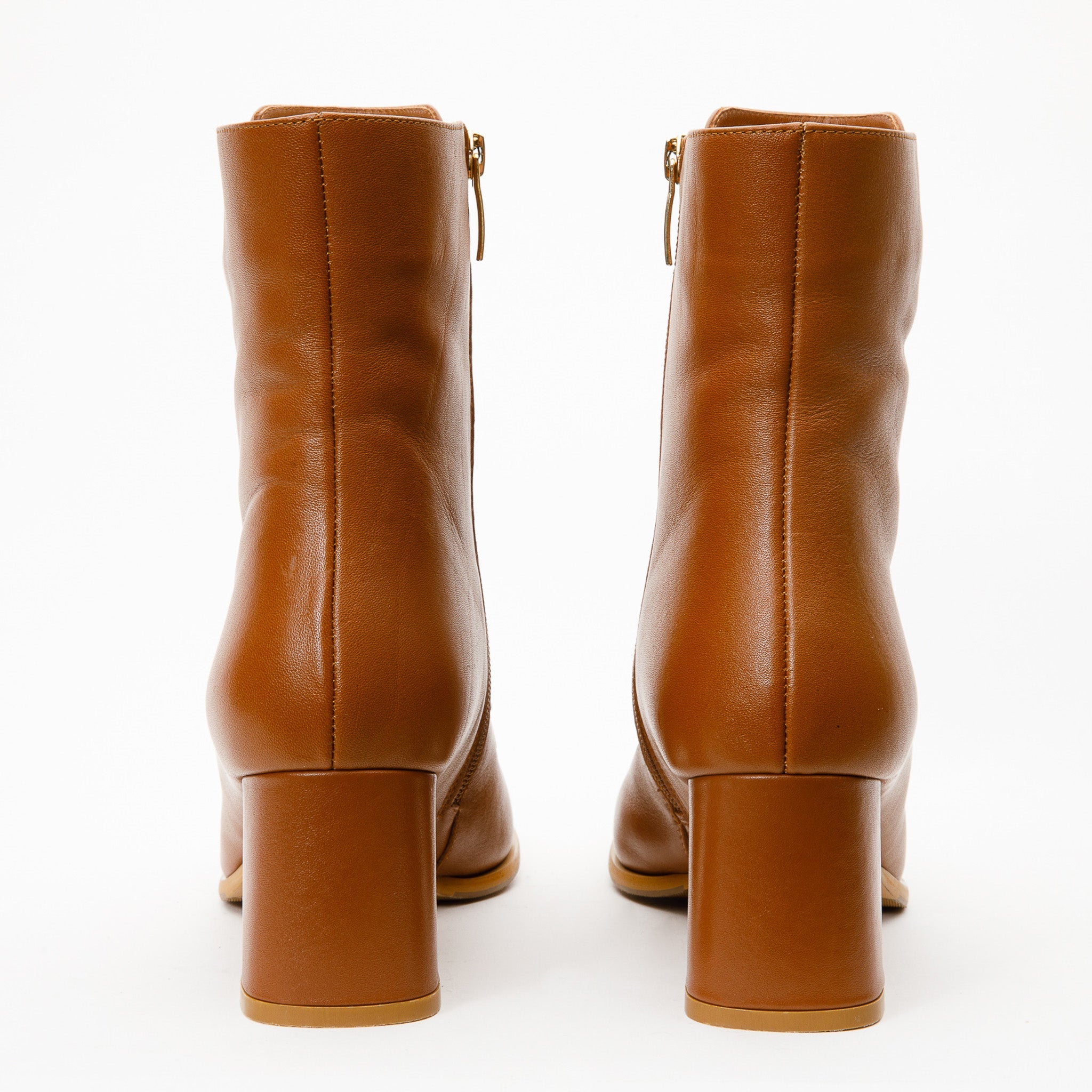 The Bukres Tan Leather Block Heel Mid Calf Boot For Sale