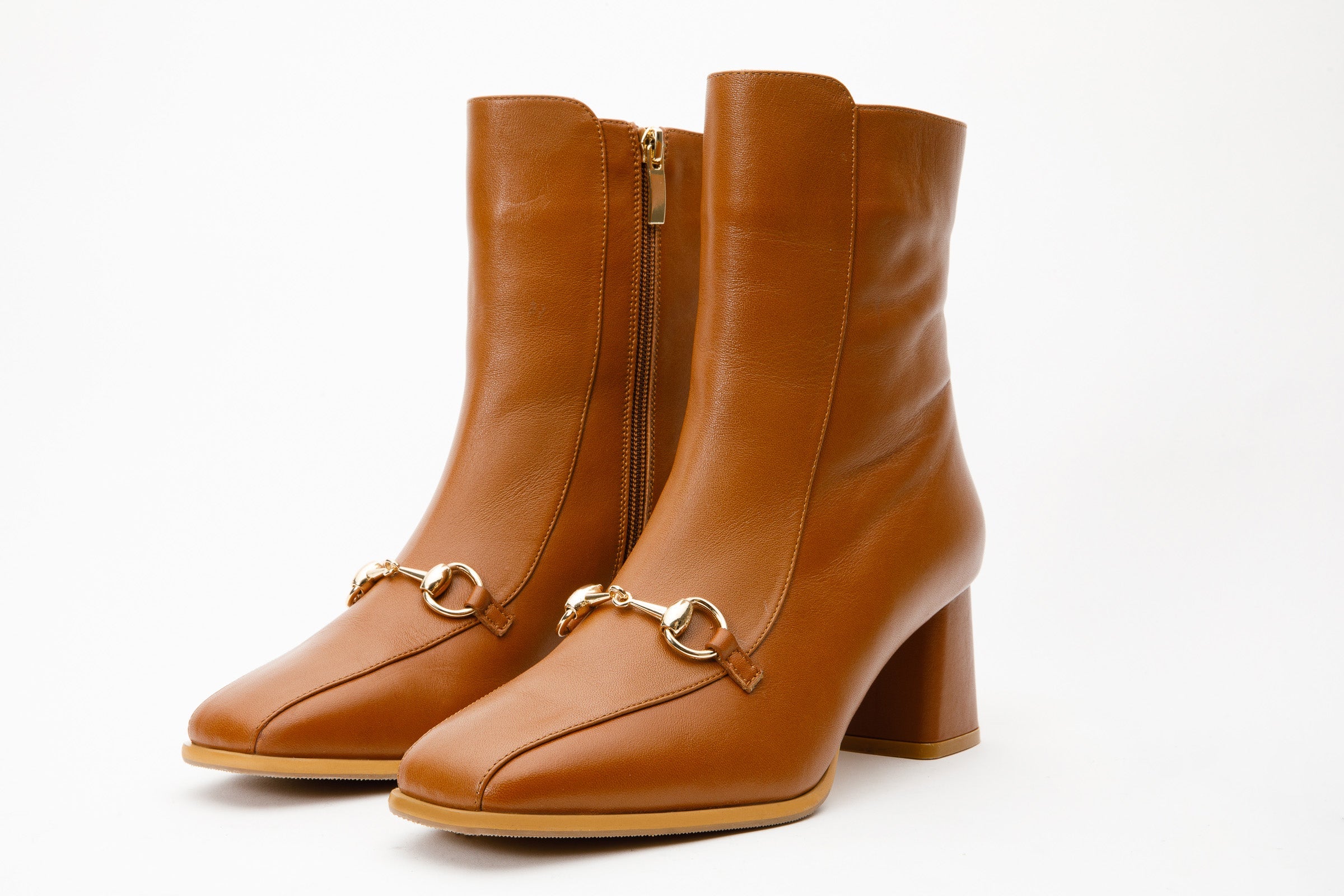 The Bukres Tan Leather Block Heel Mid Calf Boot For Sale