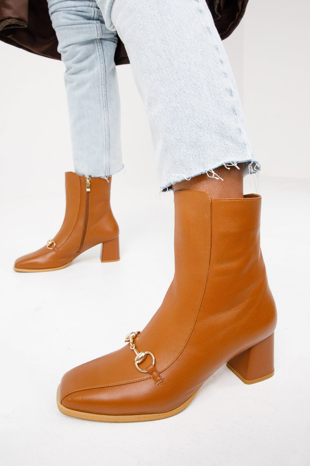 The Bukres Tan Leather Block Heel Mid Calf Boot For Sale