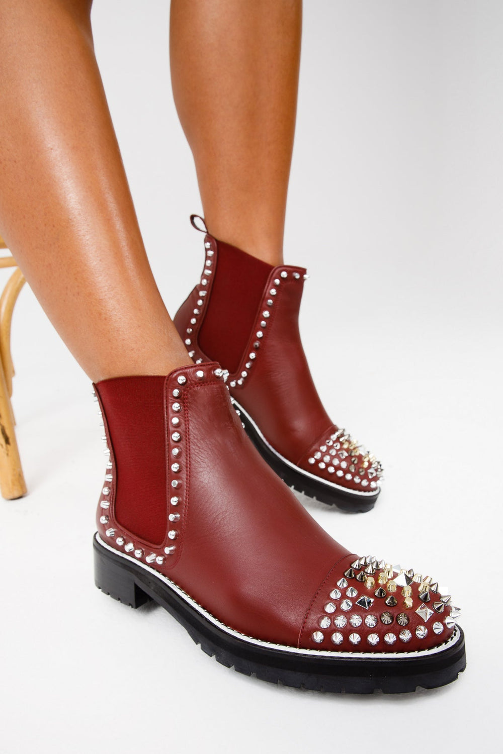 The Vuvulane Burgundy Spike Leather Ankle  Boot All New