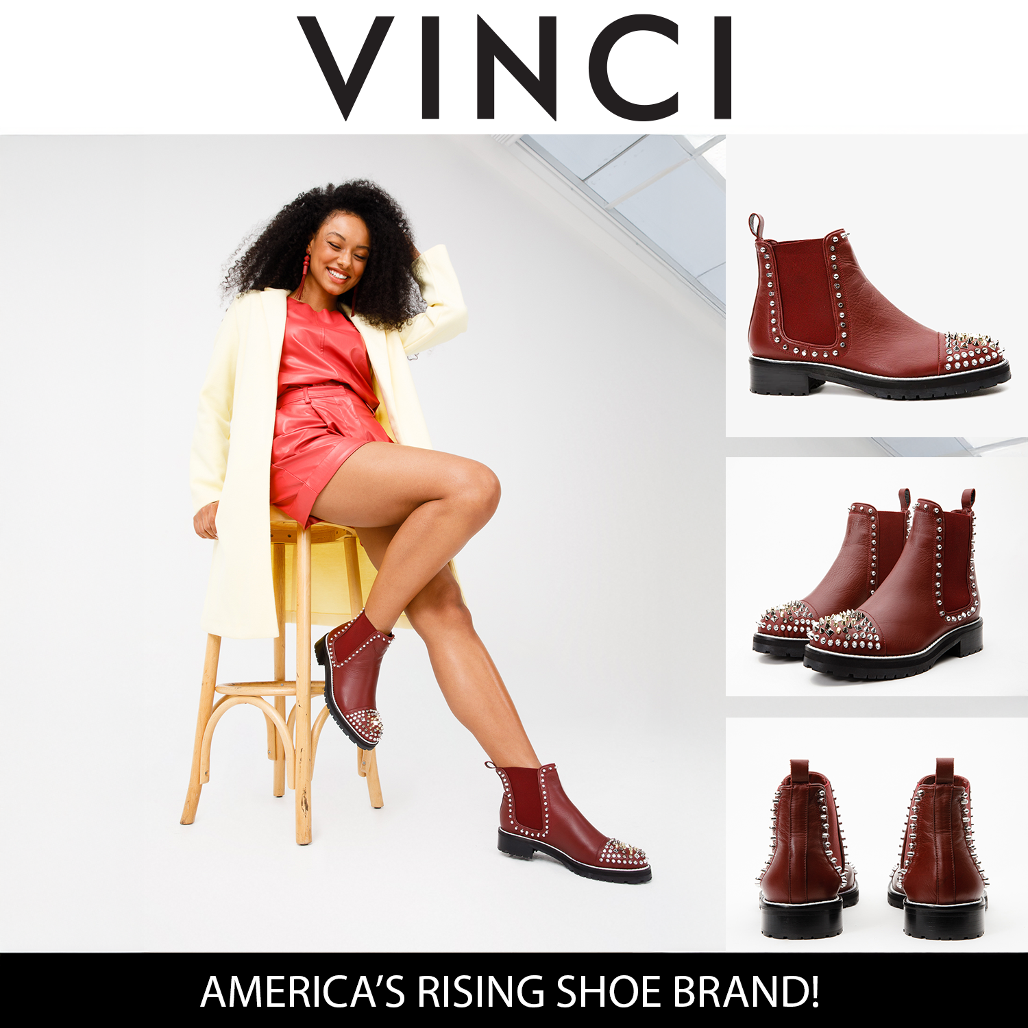The Vuvulane Burgundy Spike Leather Ankle  Boot All New