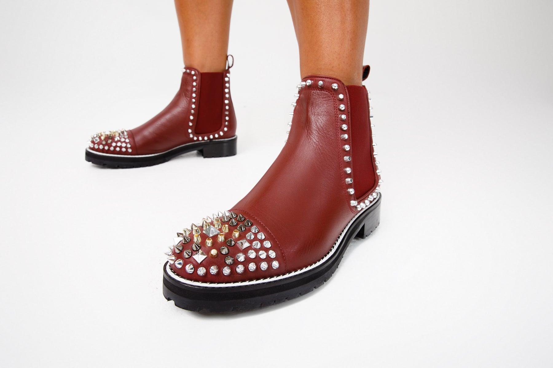 The Vuvulane Burgundy Spike Leather Ankle  Boot All New