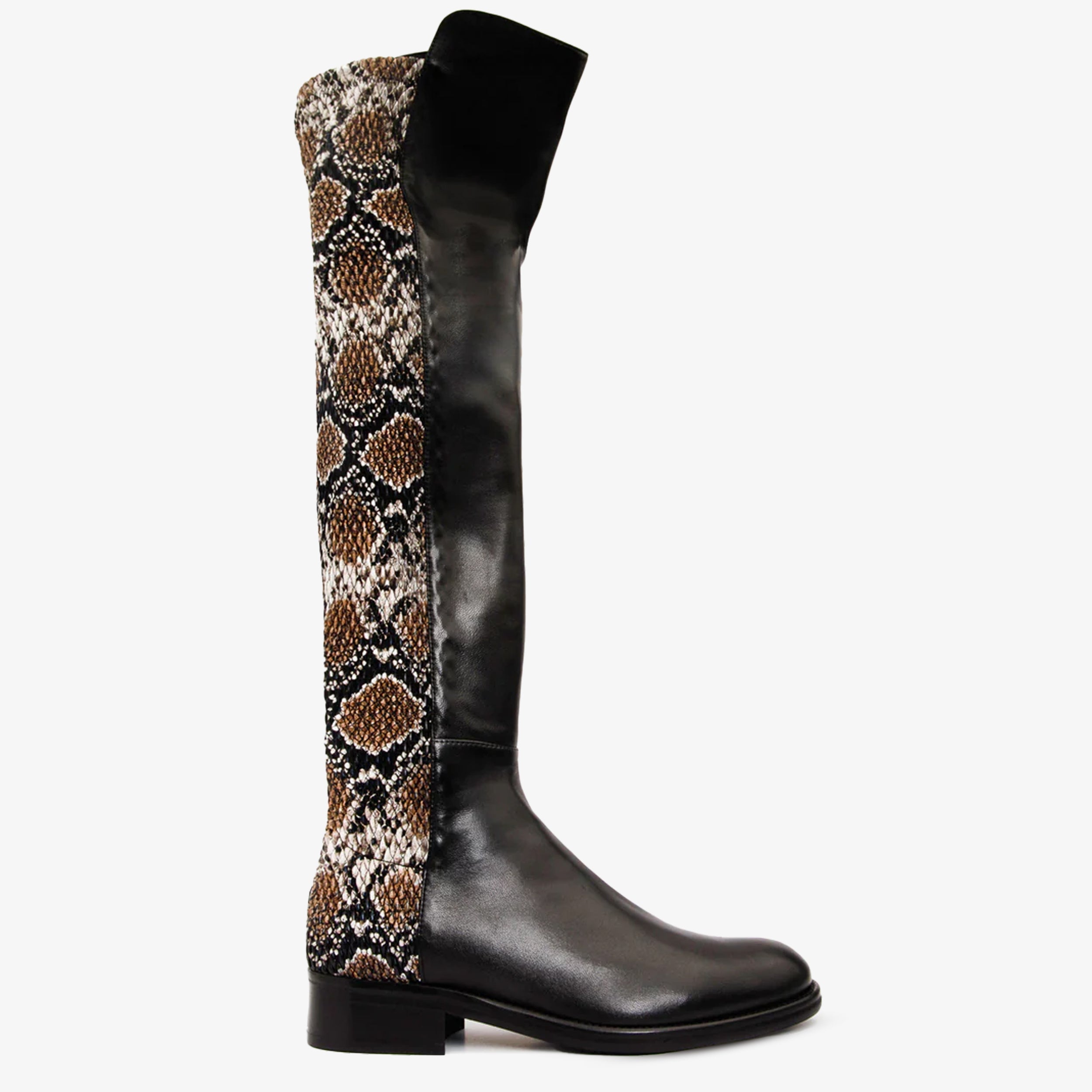 The Moengo Black Leather Leopard Knee High Boot Fine Craftsmanship
