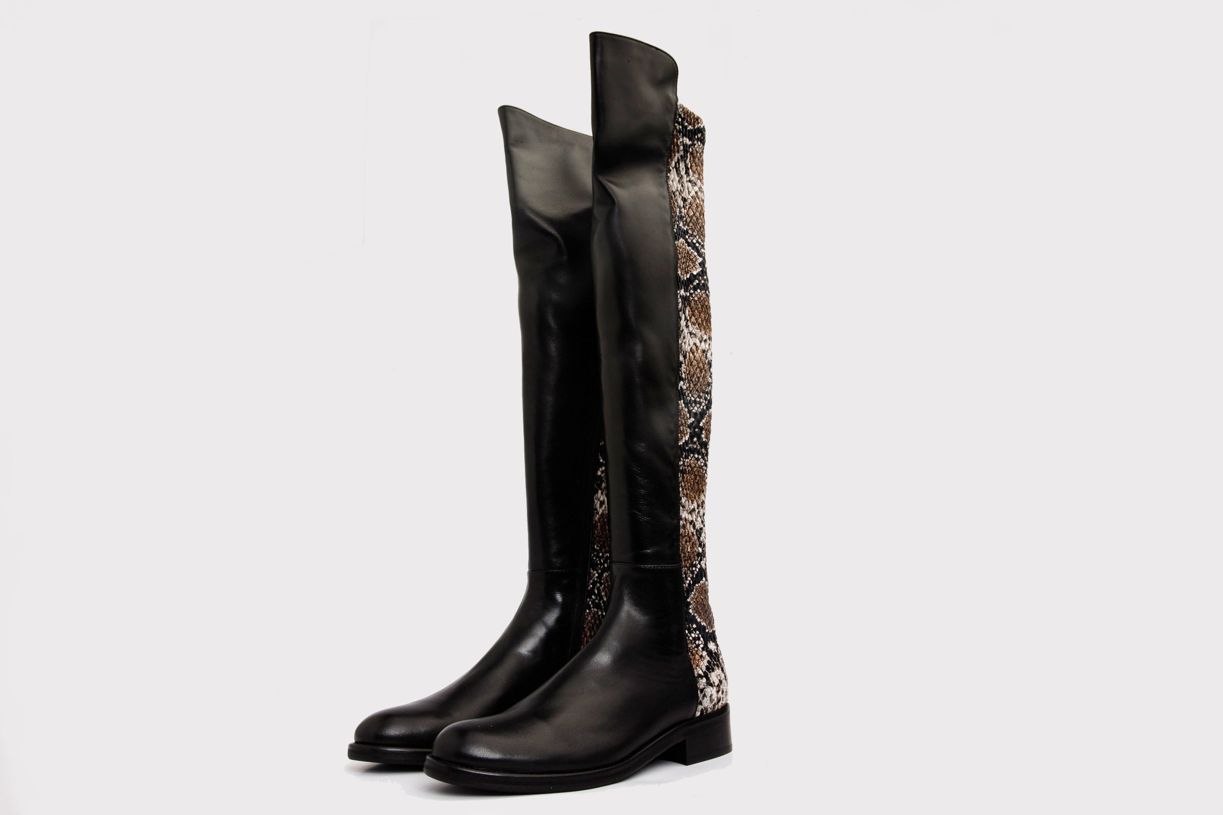The Moengo Black Leather Leopard Knee High Boot Fine Craftsmanship