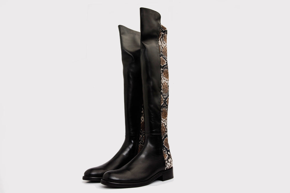 The Moengo Black Leather Leopard Knee High Boot Fine Craftsmanship