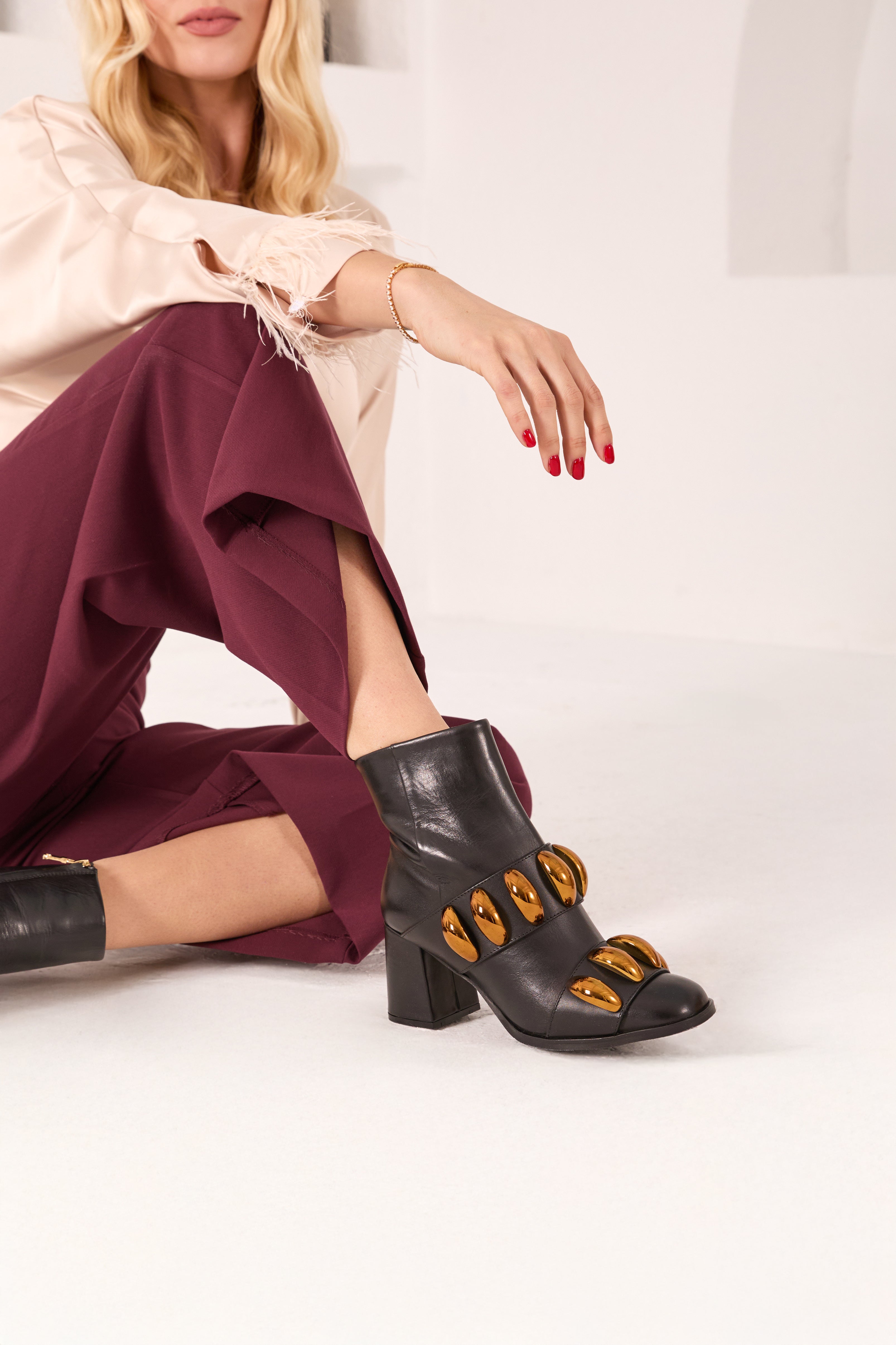The Eclipse Black Gold Leather Block Heel Boot On Sale