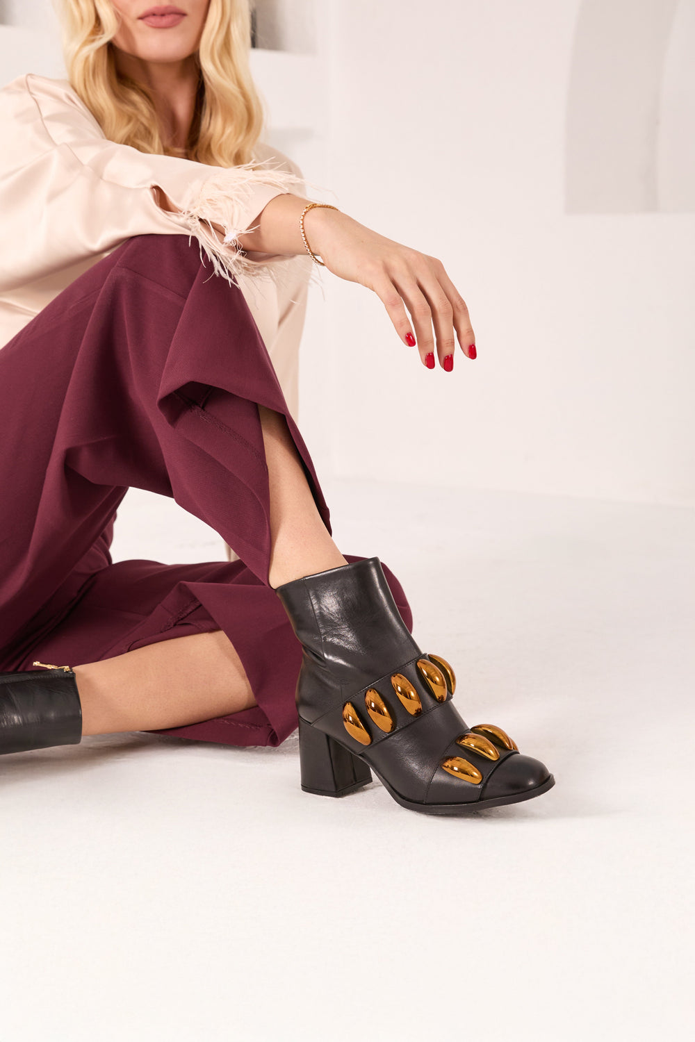The Eclipse Black Gold Leather Block Heel Boot On Sale