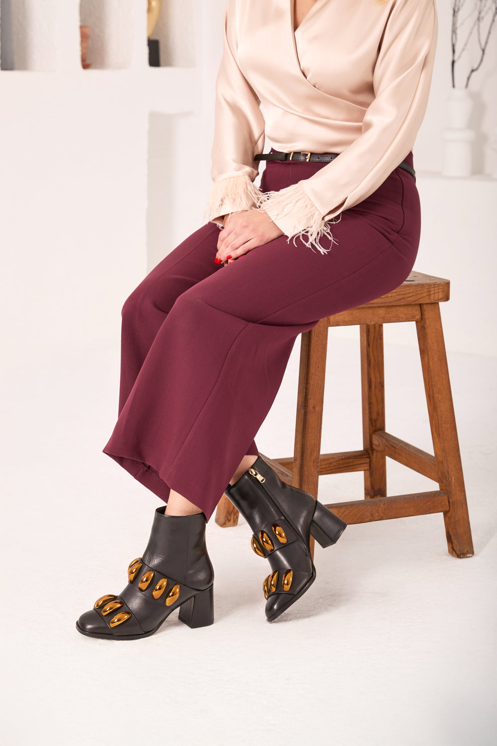 The Eclipse Black Gold Leather Block Heel Boot On Sale