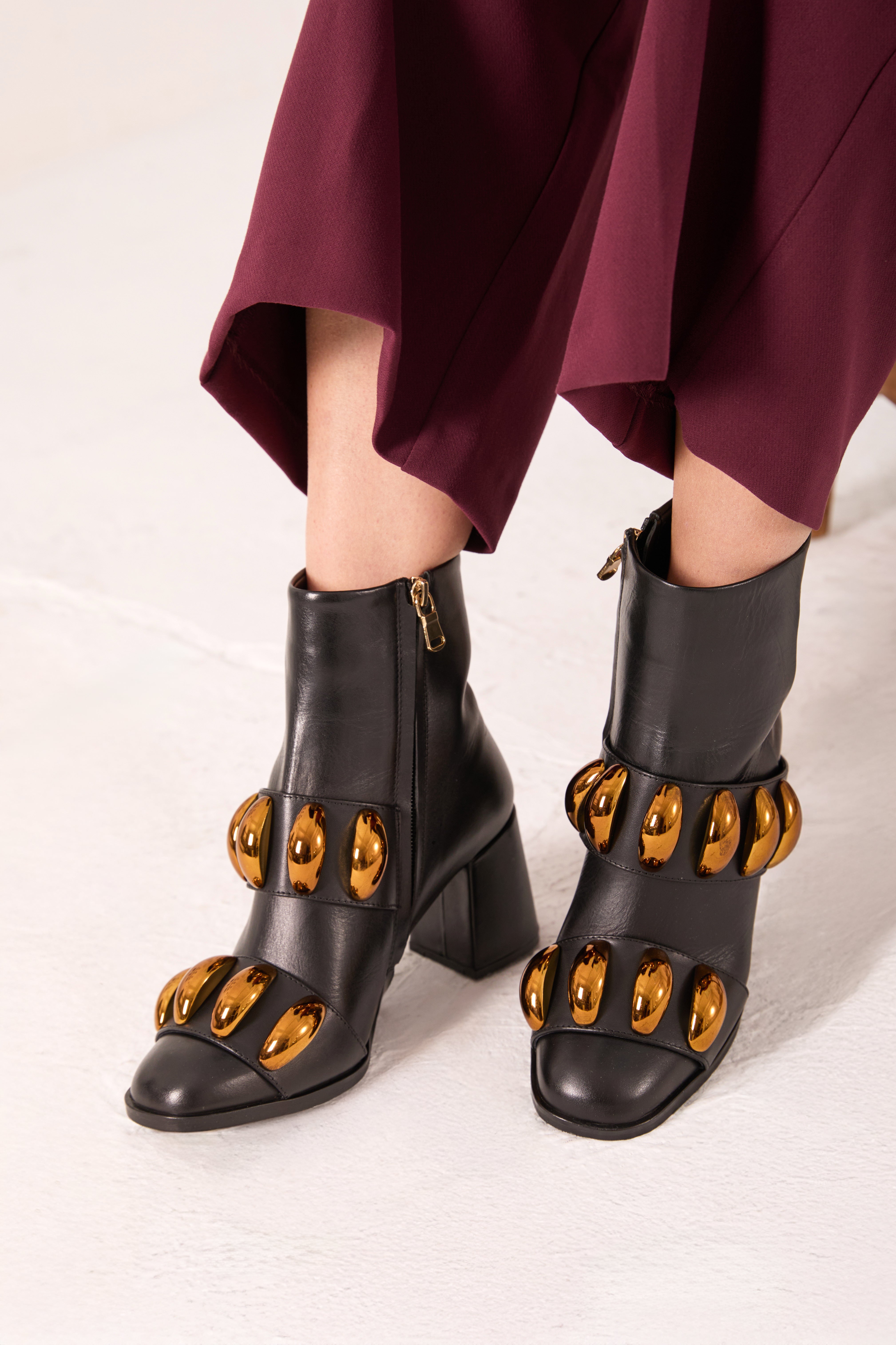 The Eclipse Black Gold Leather Block Heel Boot On Sale