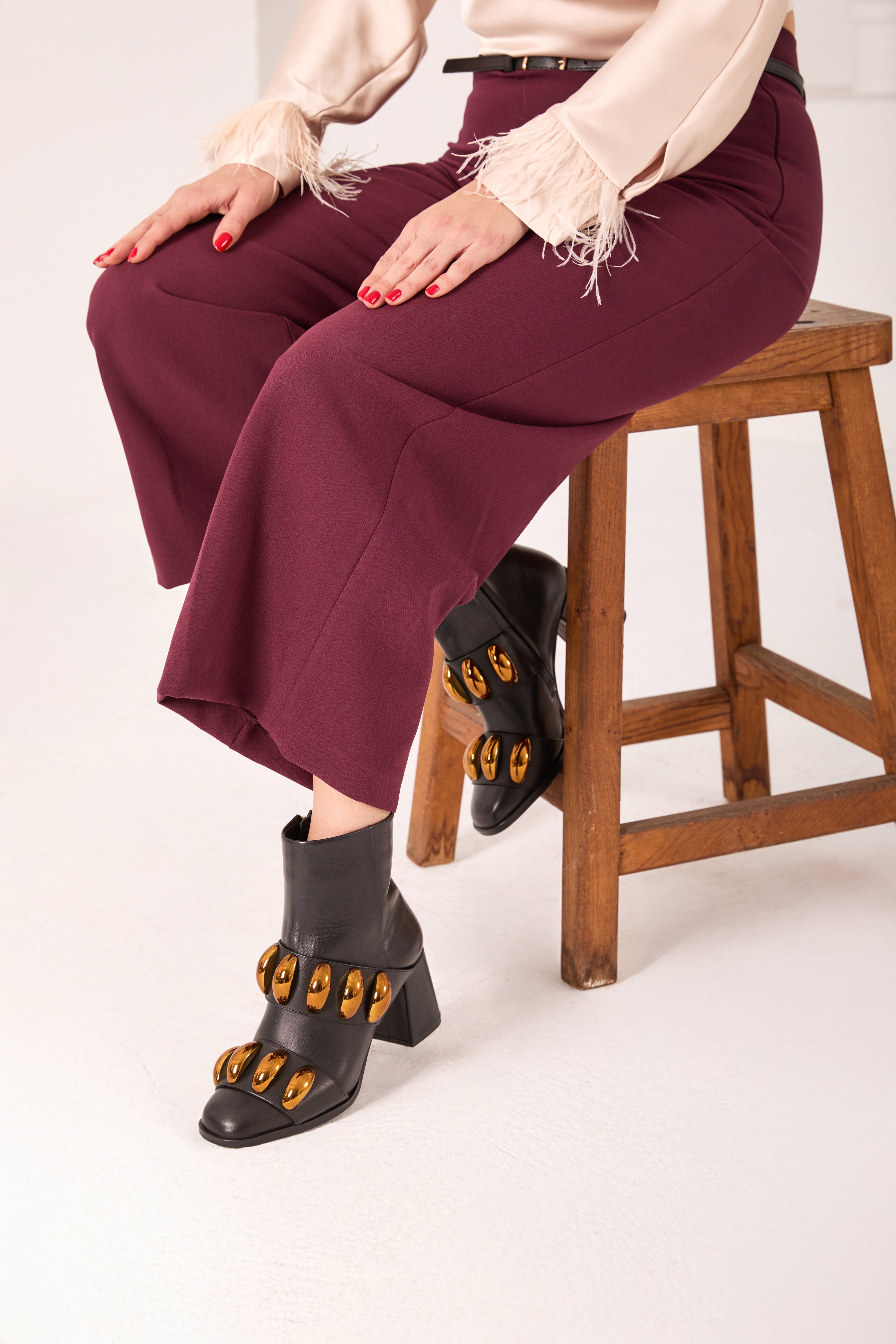 The Eclipse Black Gold Leather Block Heel Boot On Sale