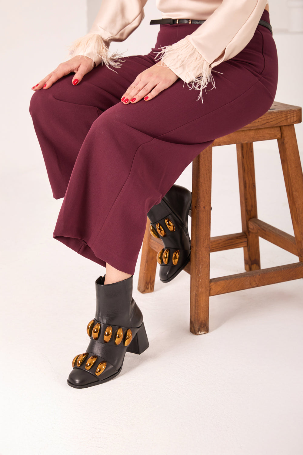 The Eclipse Black Gold Leather Block Heel Boot On Sale