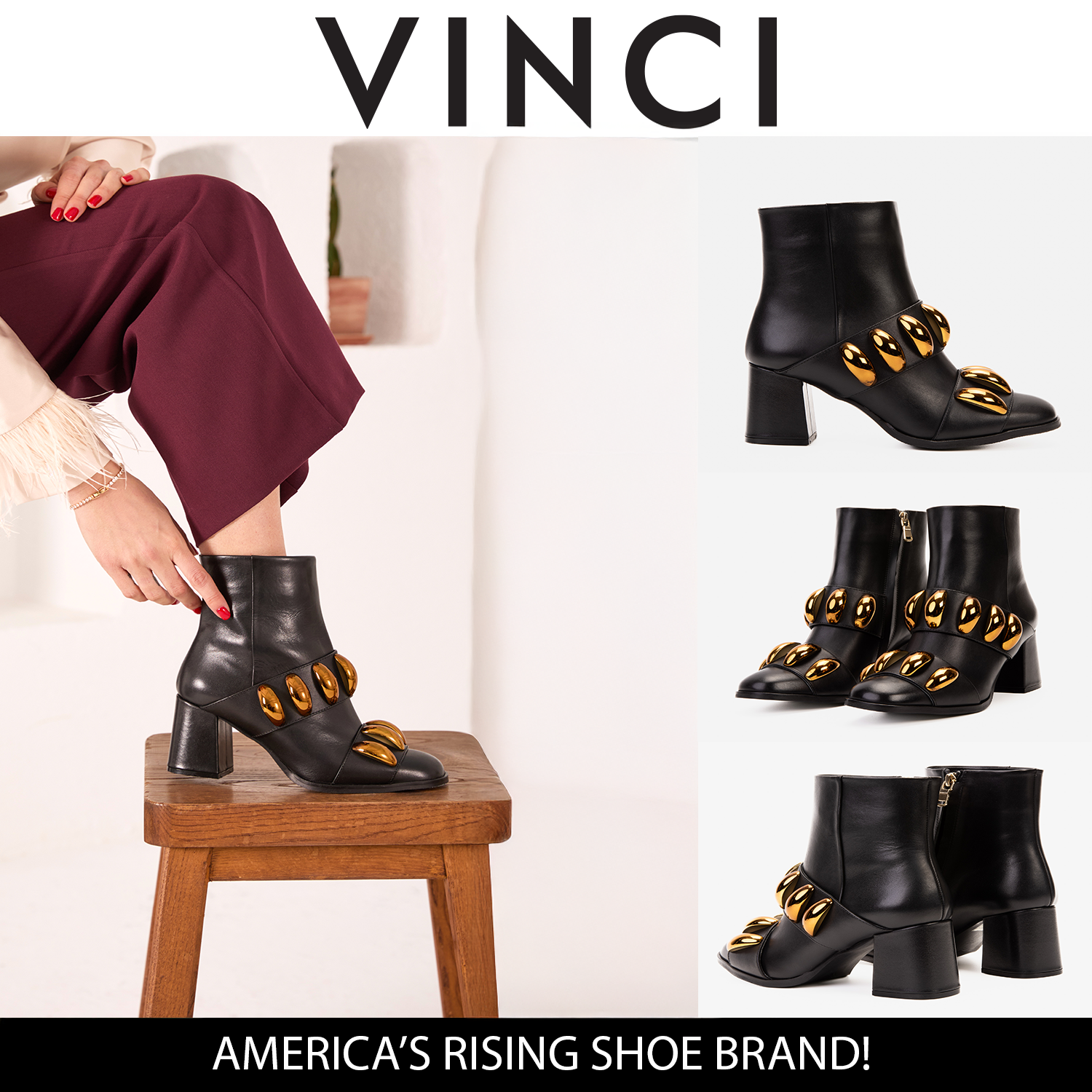 The Eclipse Black Gold Leather Block Heel Boot On Sale