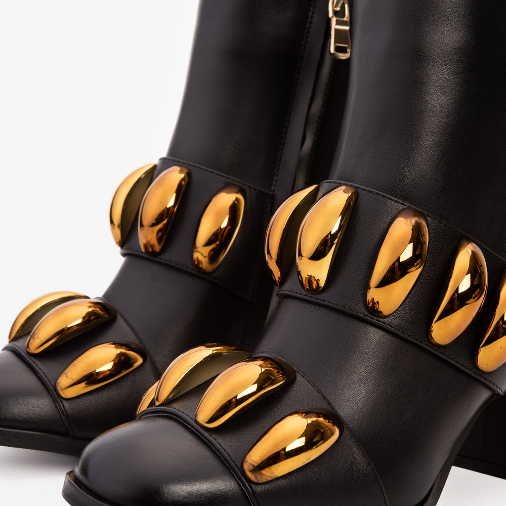 The Eclipse Black Gold Leather Block Heel Boot On Sale