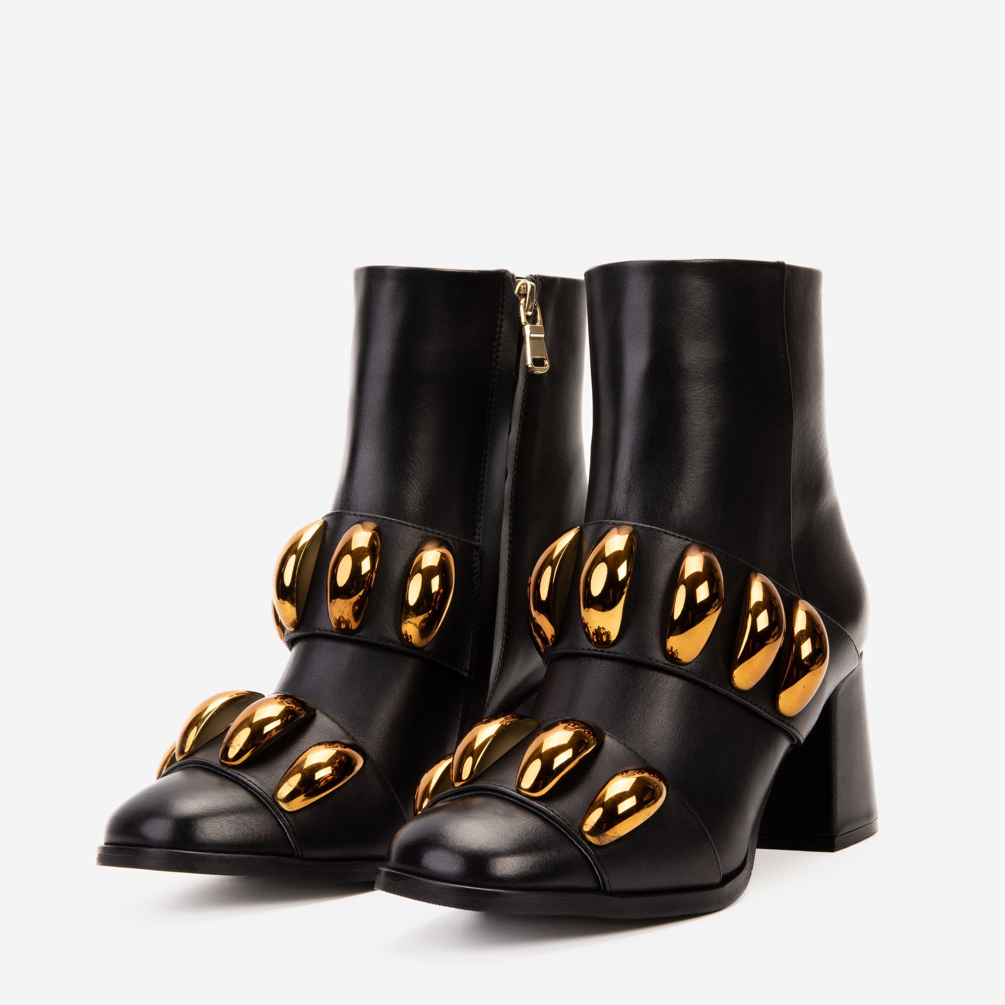 The Eclipse Black Gold Leather Block Heel Boot On Sale