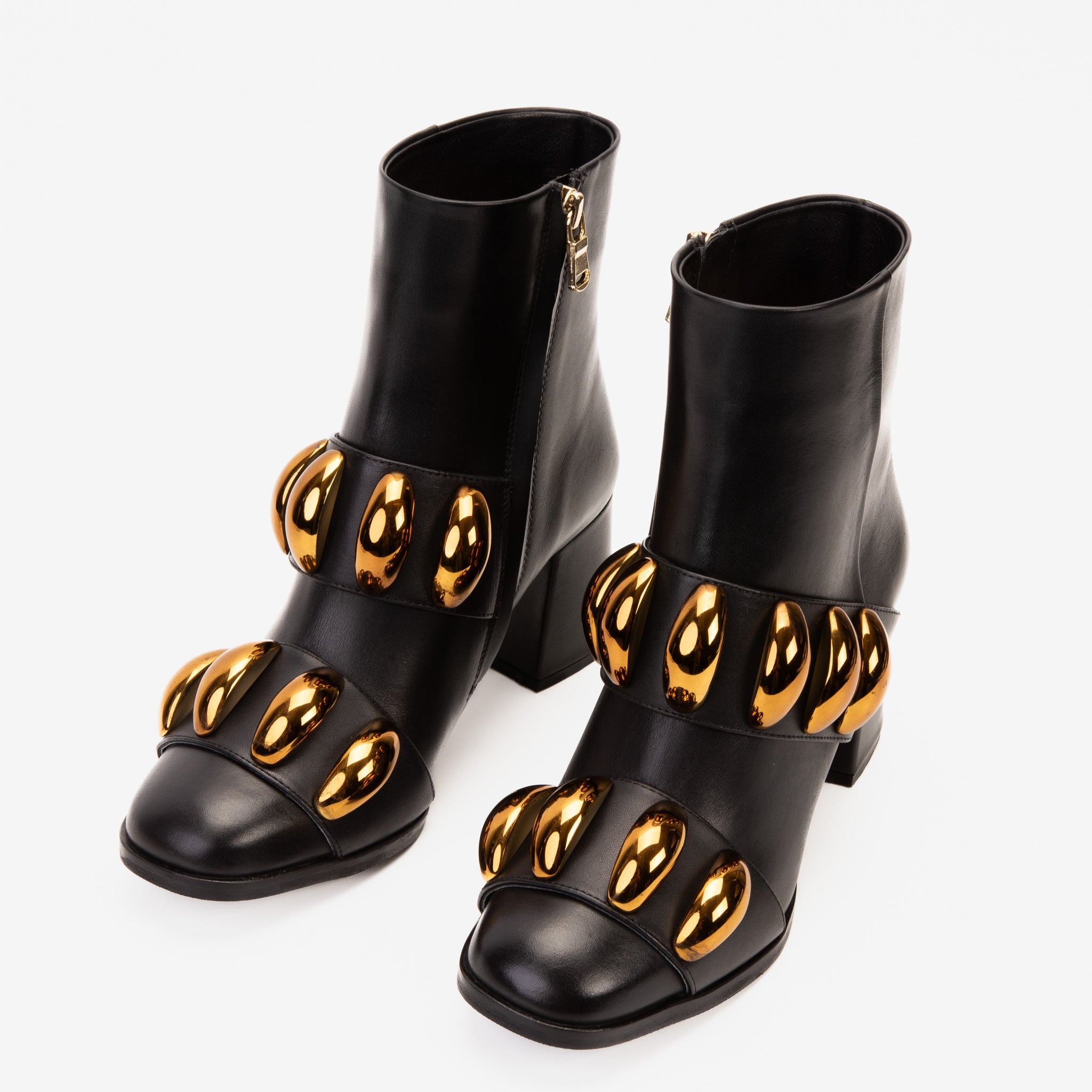 The Eclipse Black Gold Leather Block Heel Boot On Sale