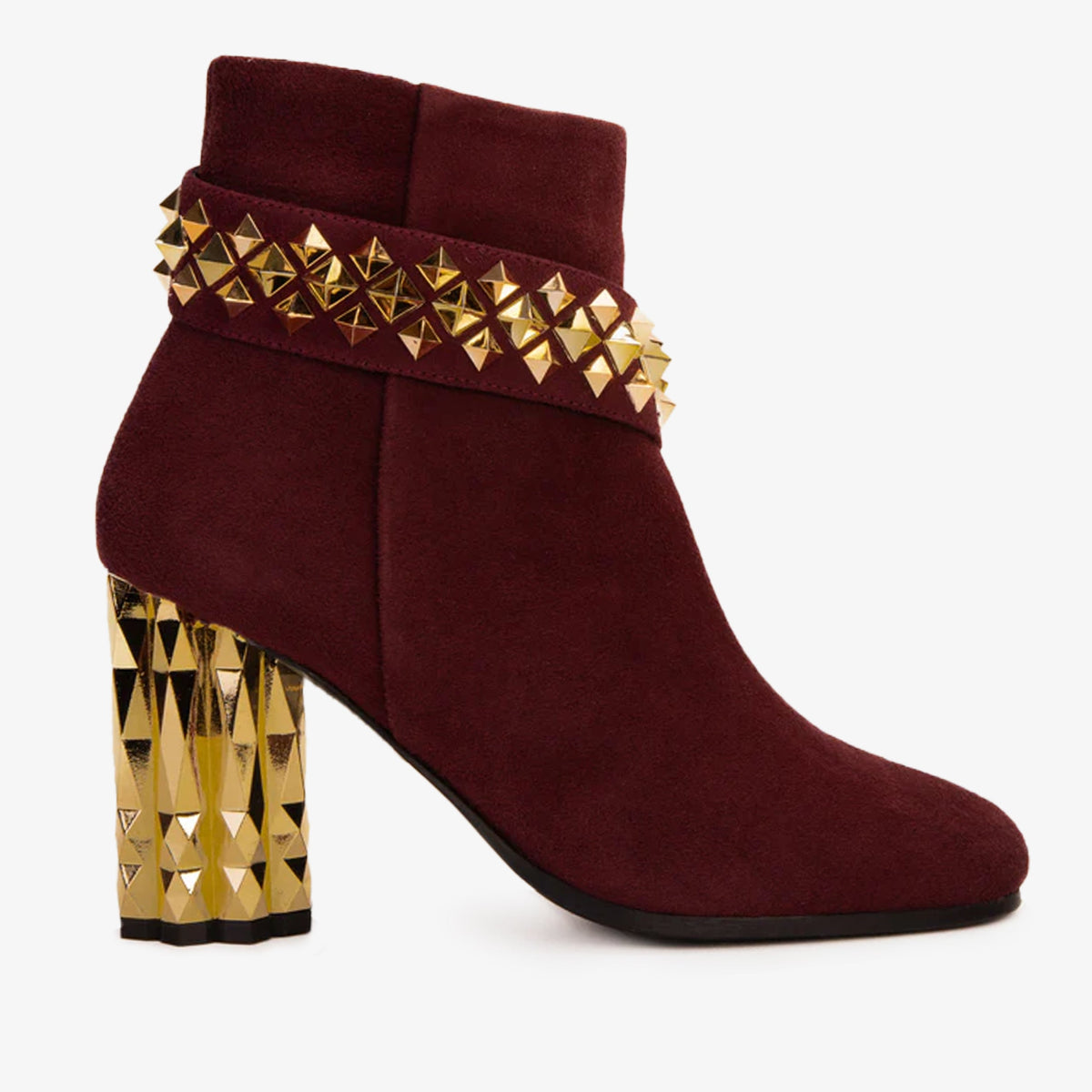 The Metal Burgundy Suede Leather Block Heel Boot All New