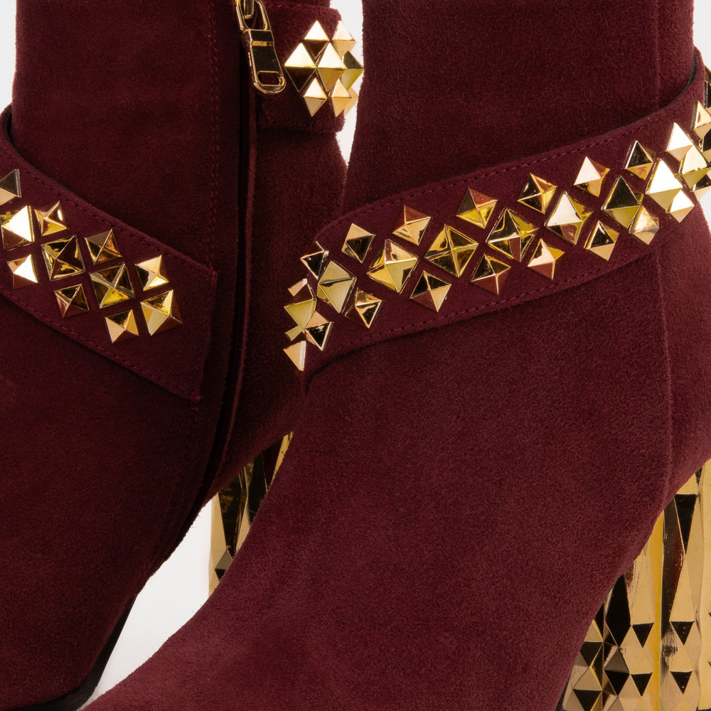 The Metal Burgundy Suede Leather Block Heel Boot All New