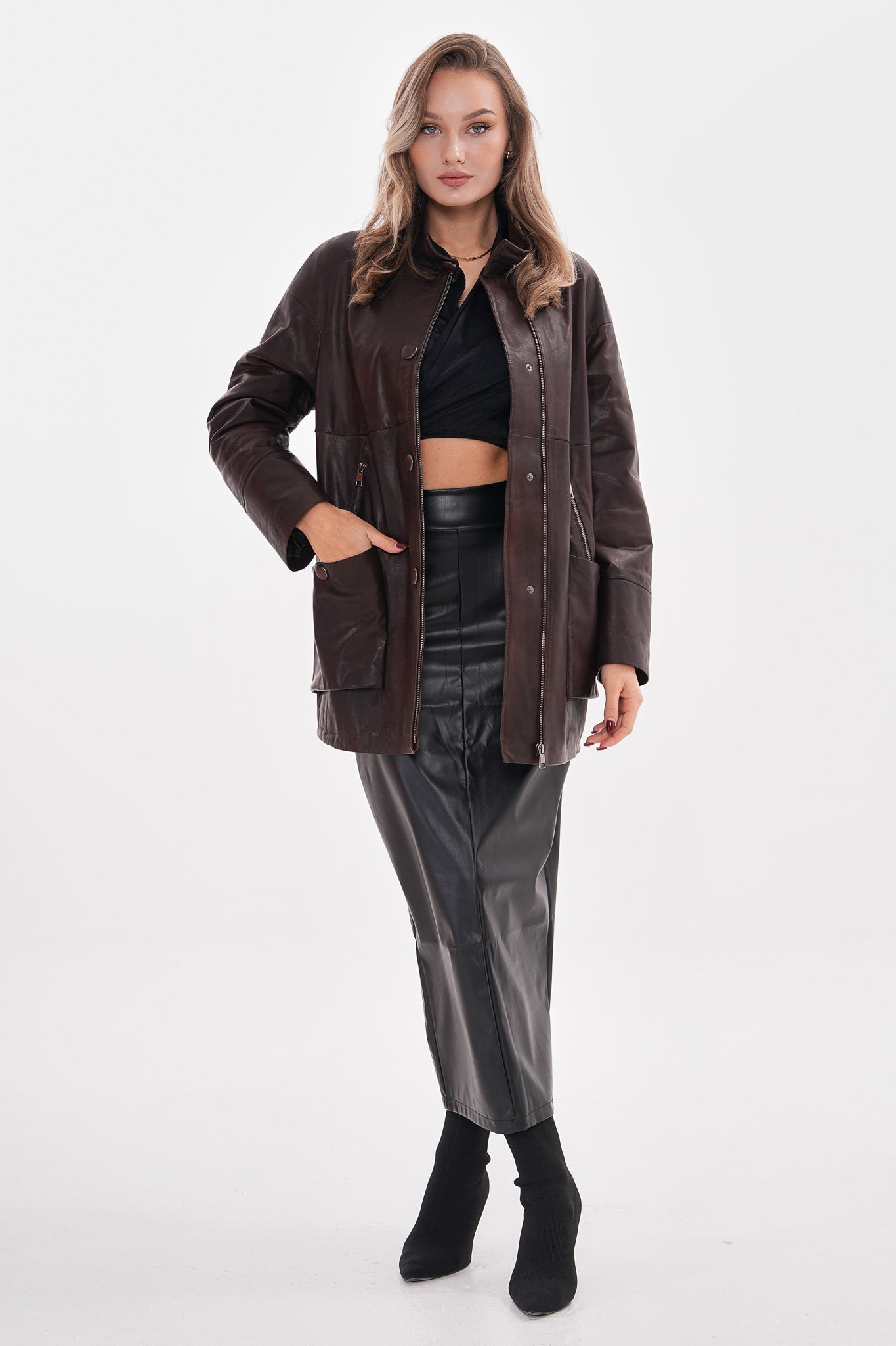 The Liora Brown Leather Jacket Universal Fit