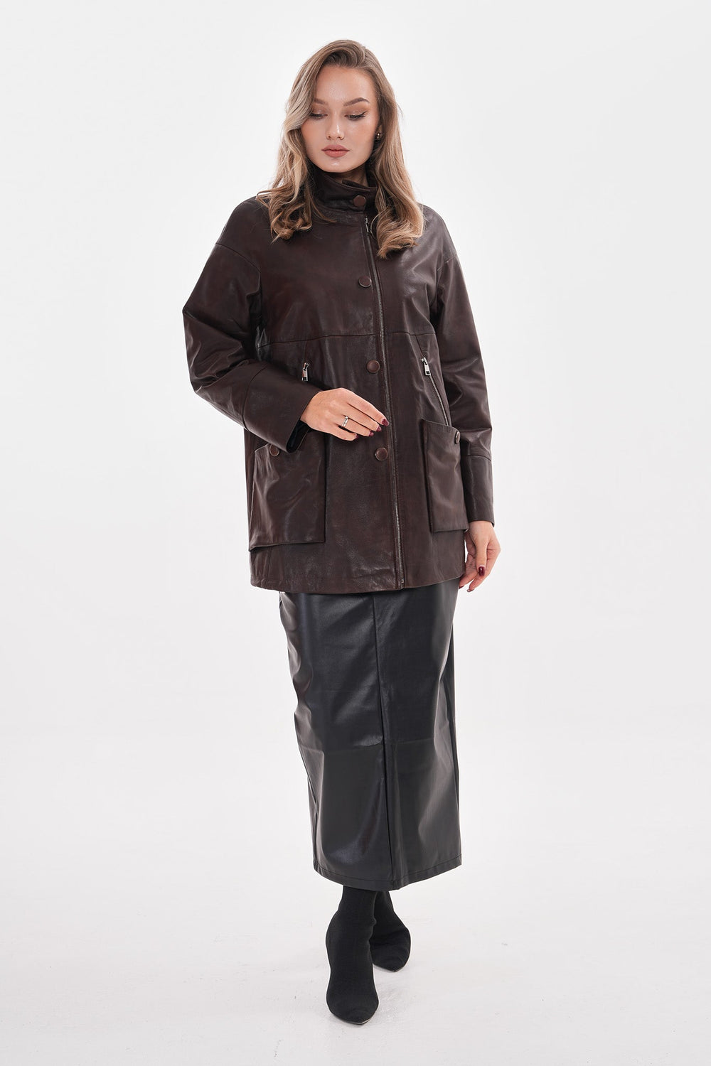 The Liora Brown Leather Jacket Universal Fit