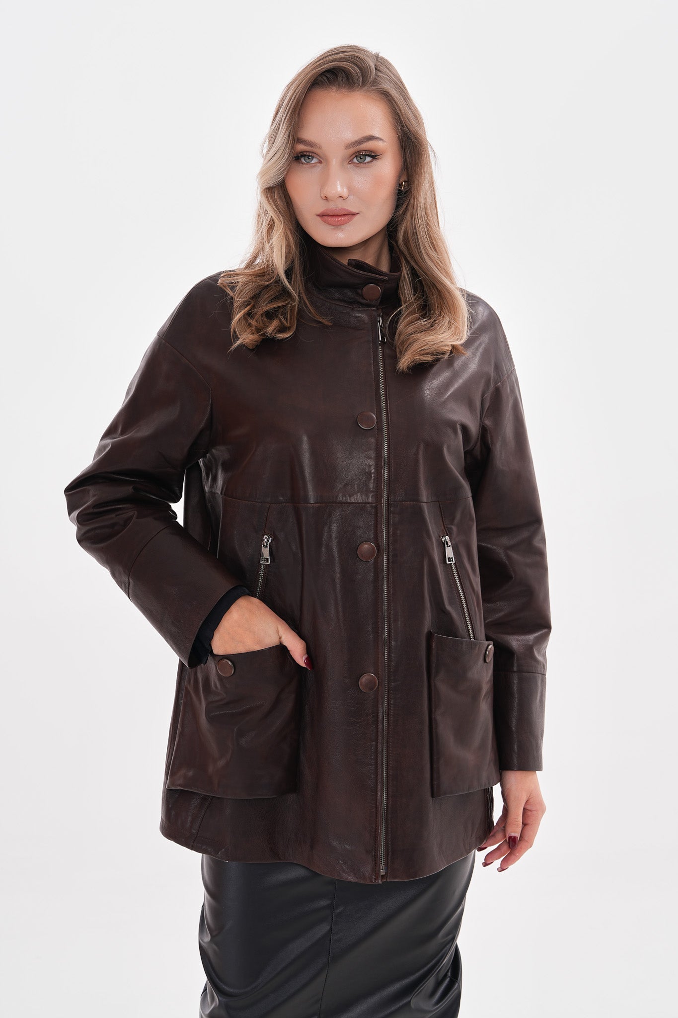 The Liora Brown Leather Jacket Universal Fit