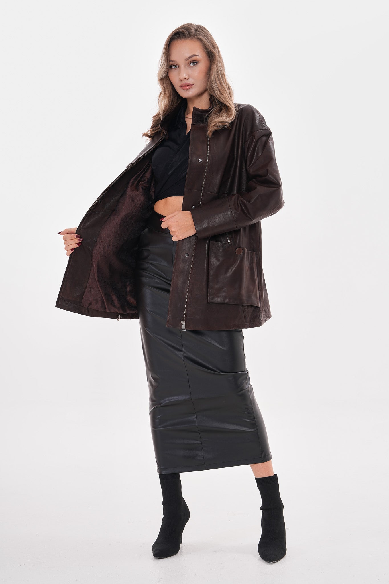 The Liora Brown Leather Jacket Universal Fit