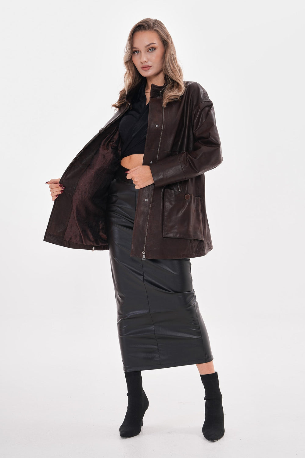 The Liora Brown Leather Jacket Universal Fit