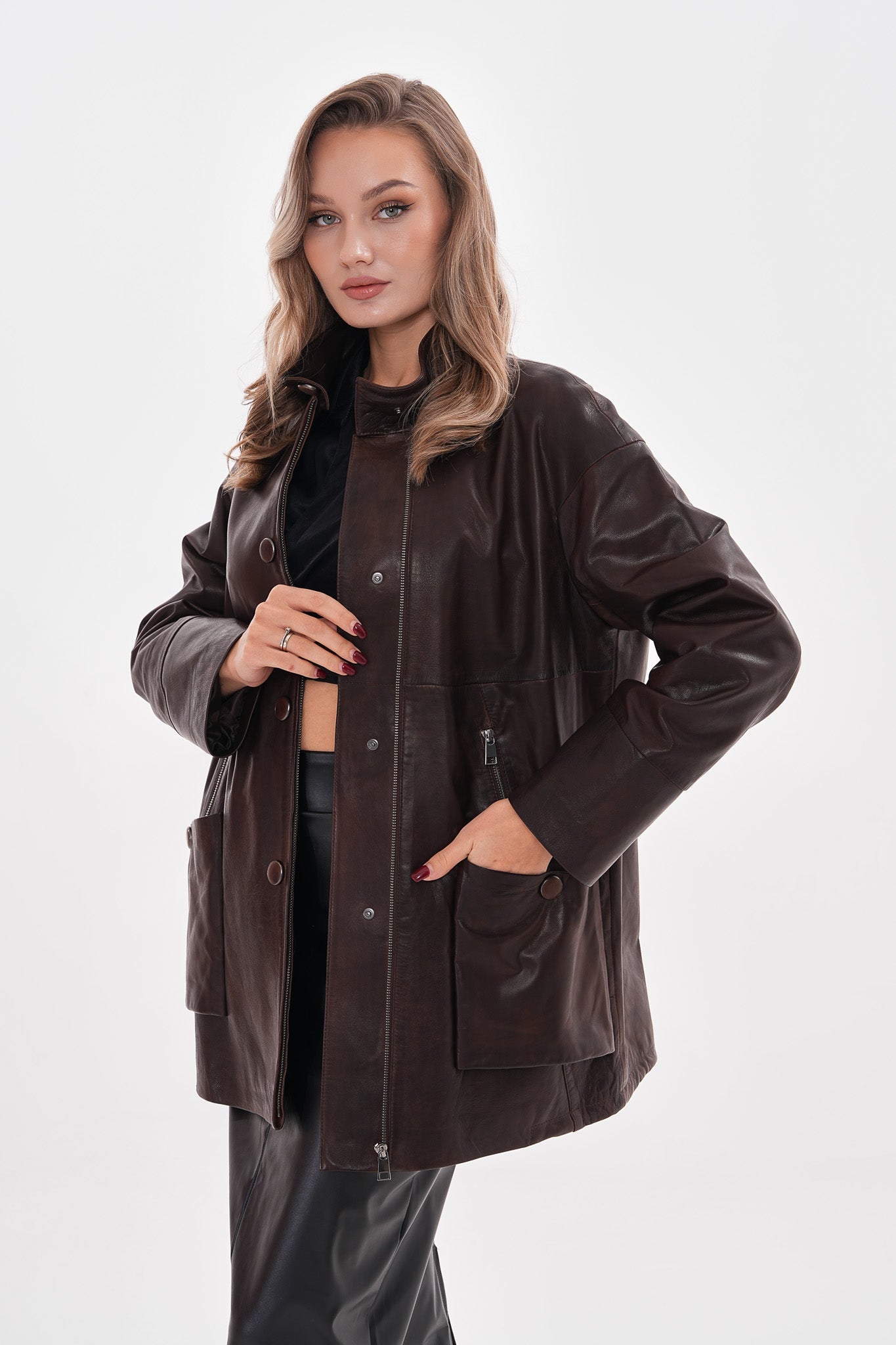 The Liora Brown Leather Jacket Universal Fit