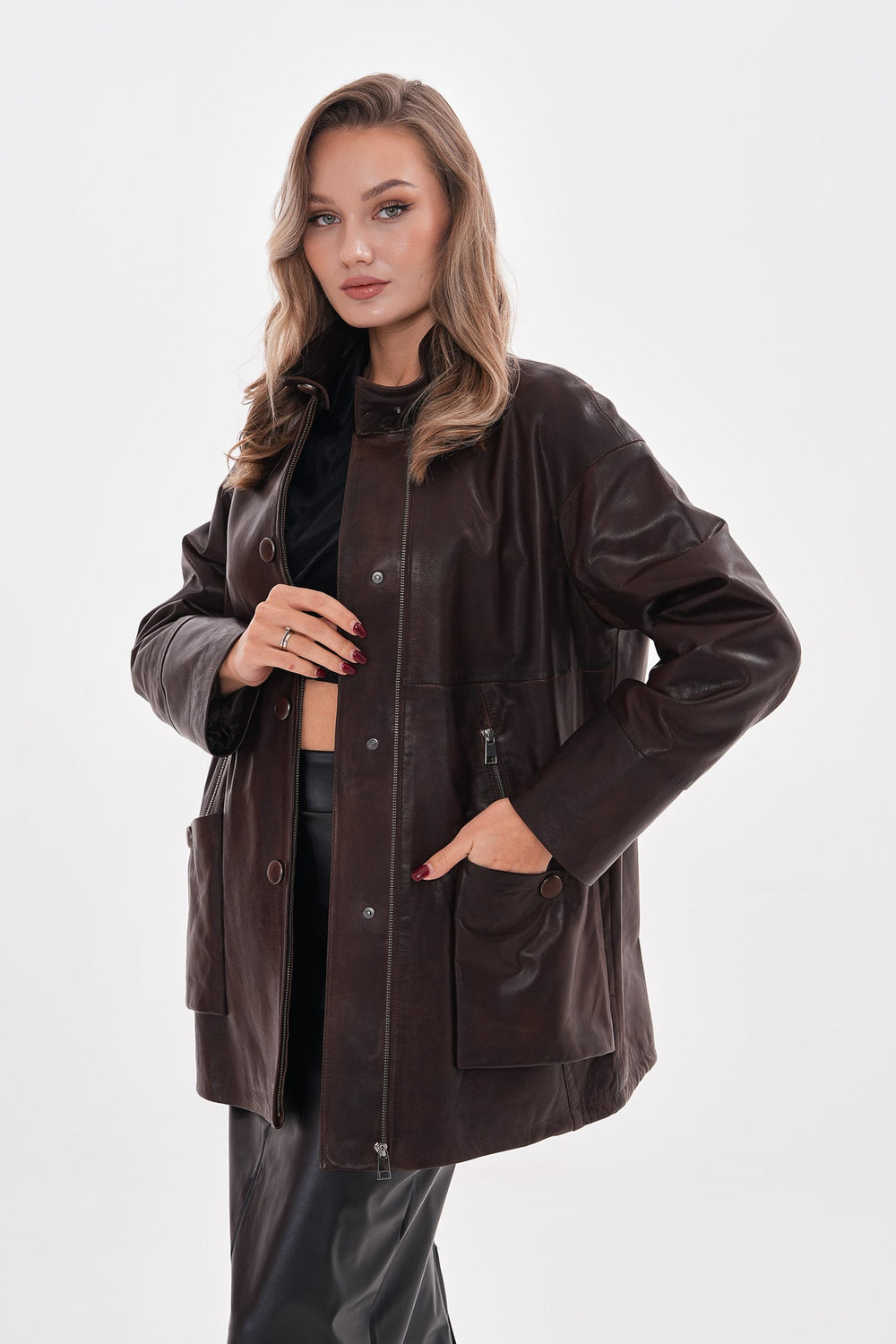 The Liora Brown Leather Jacket Universal Fit