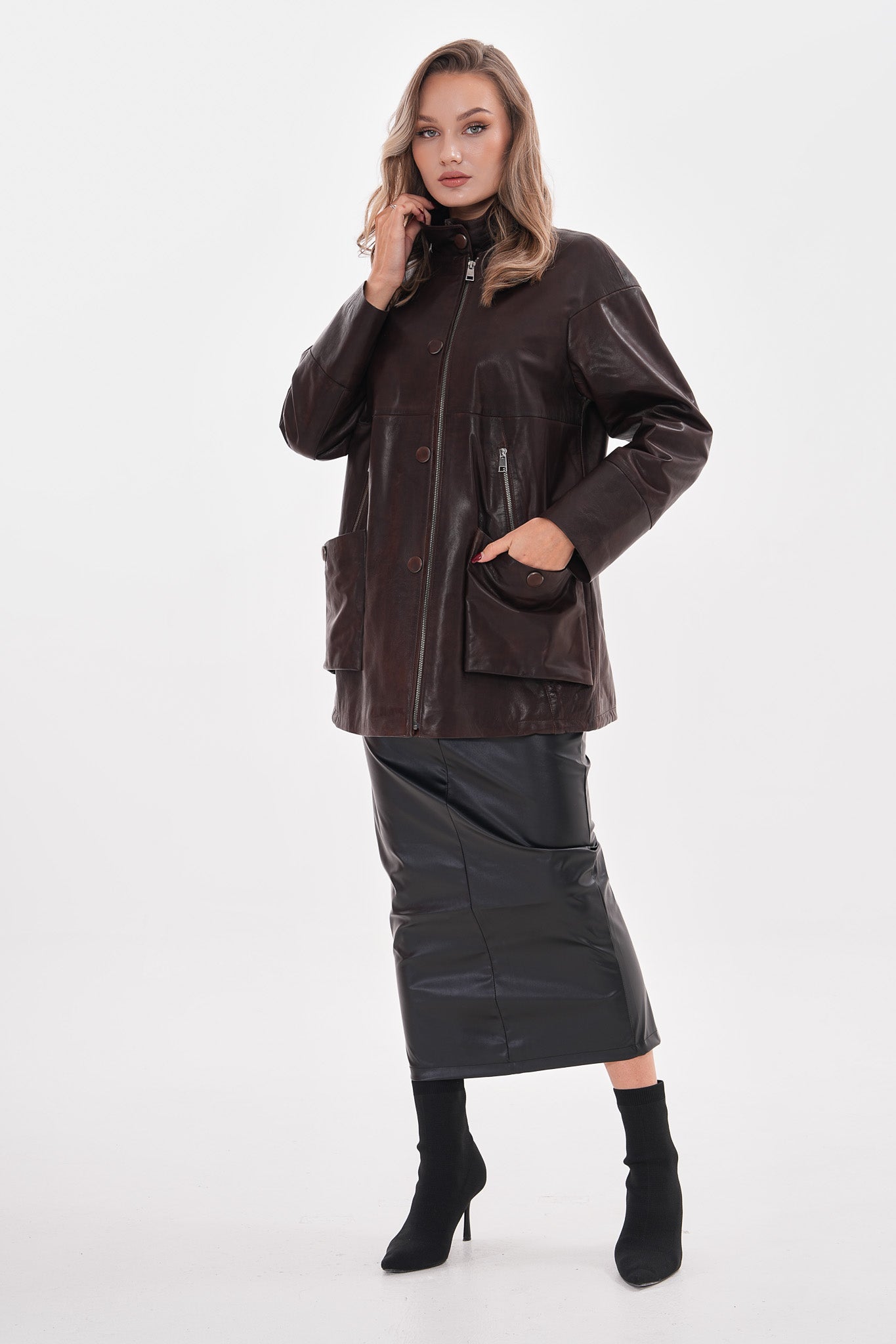 The Liora Brown Leather Jacket Universal Fit