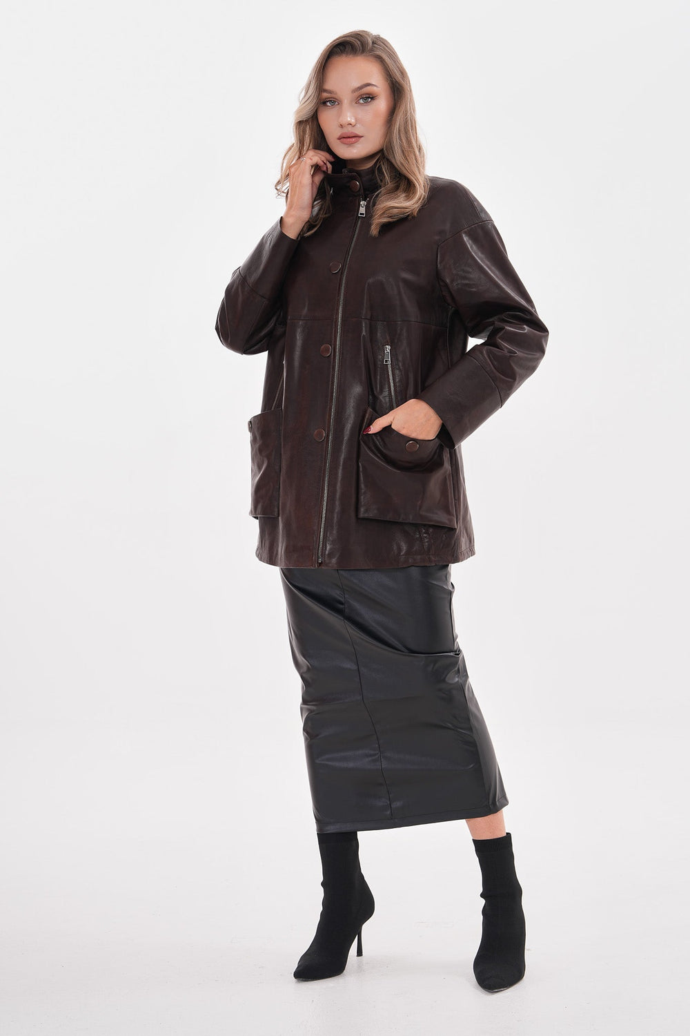 The Liora Brown Leather Jacket Universal Fit