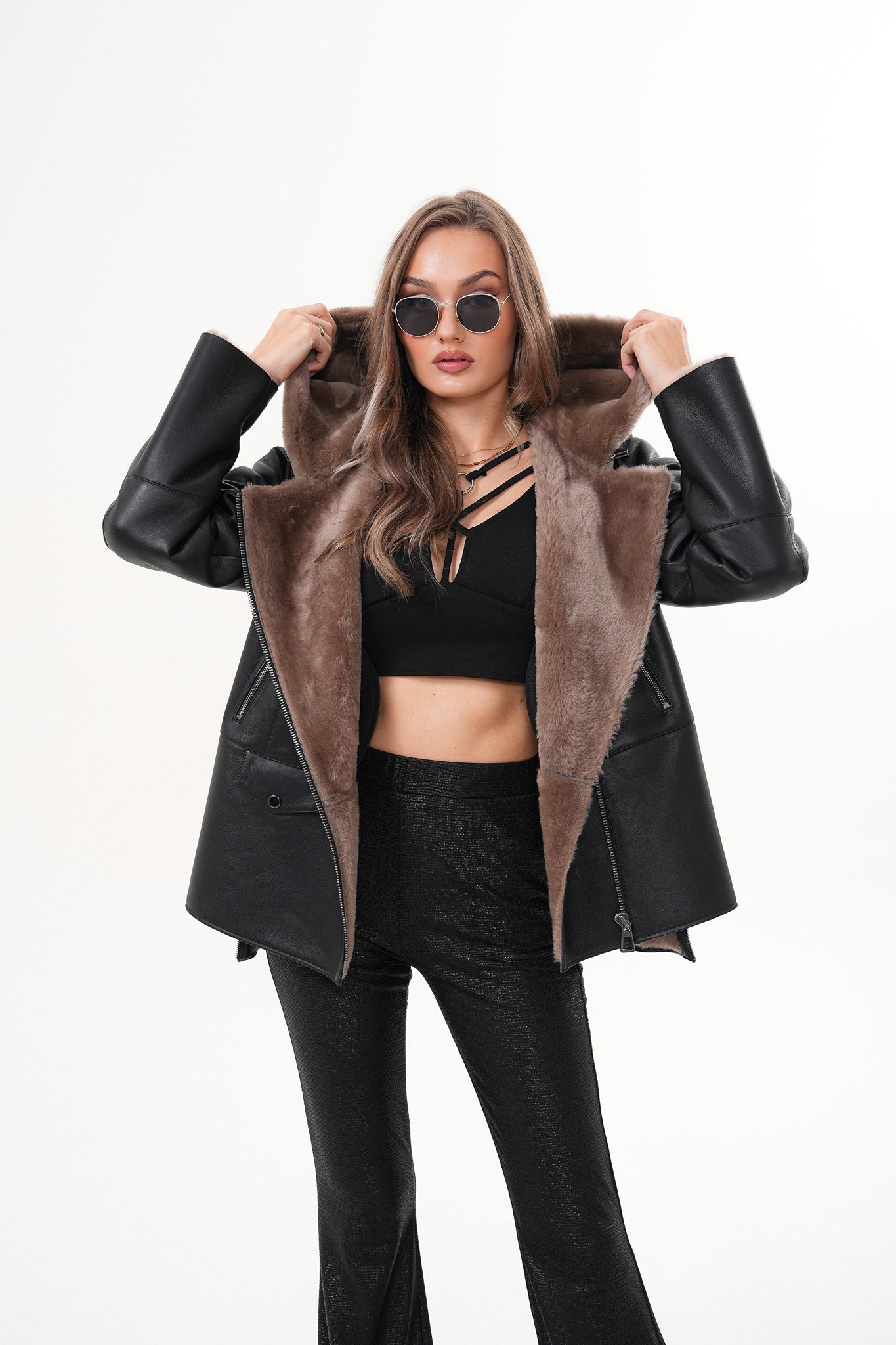 The Duchess Shearling Brown Leather Hooded Jacket On Sale