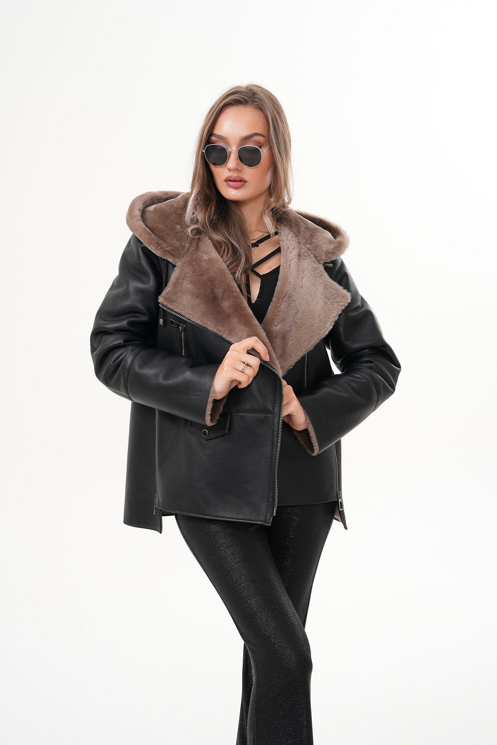 The Duchess Shearling Brown Leather Hooded Jacket On Sale