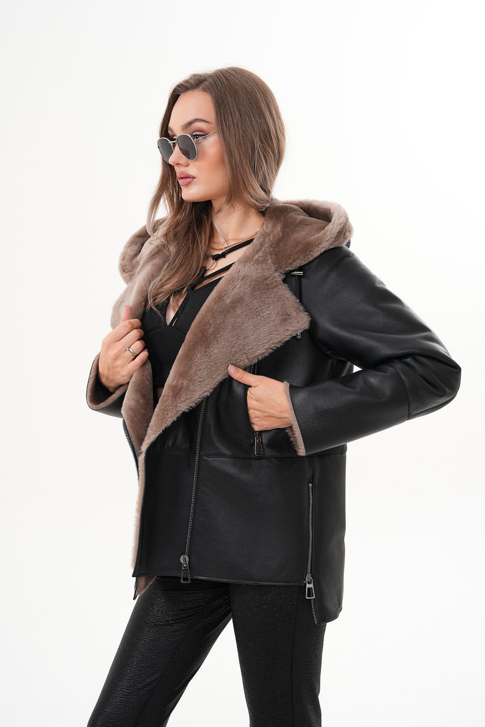 The Duchess Shearling Brown Leather Hooded Jacket On Sale