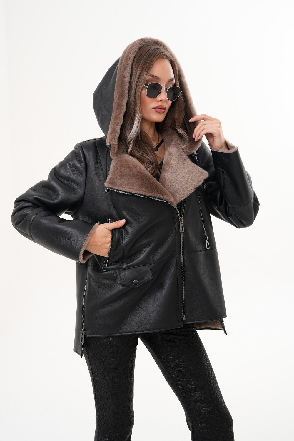 The Duchess Shearling Brown Leather Hooded Jacket On Sale