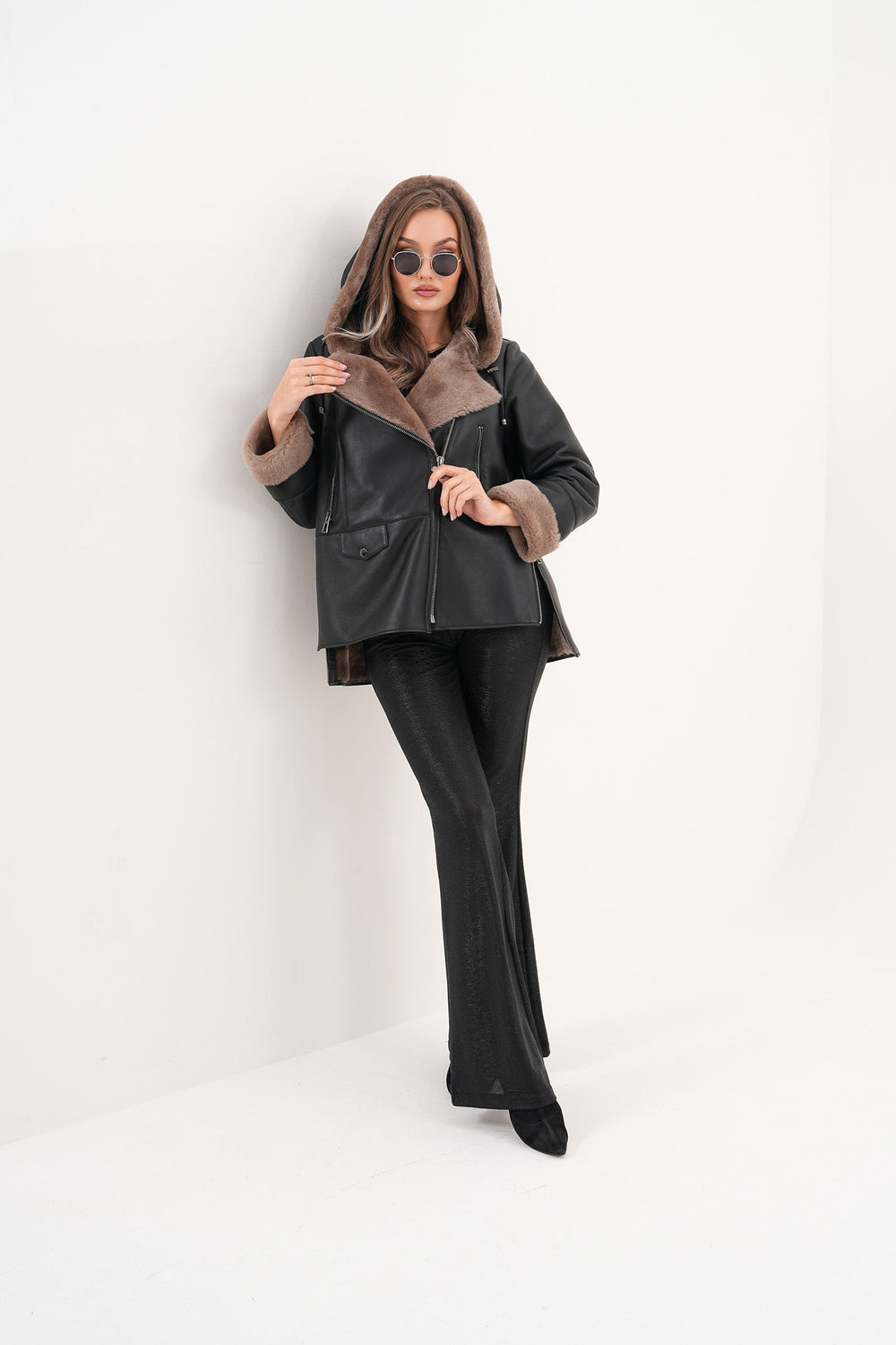 The Duchess Shearling Brown Leather Hooded Jacket On Sale
