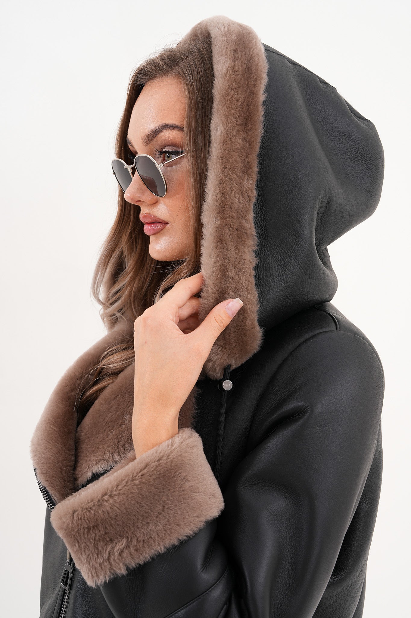 The Duchess Shearling Brown Leather Hooded Jacket On Sale