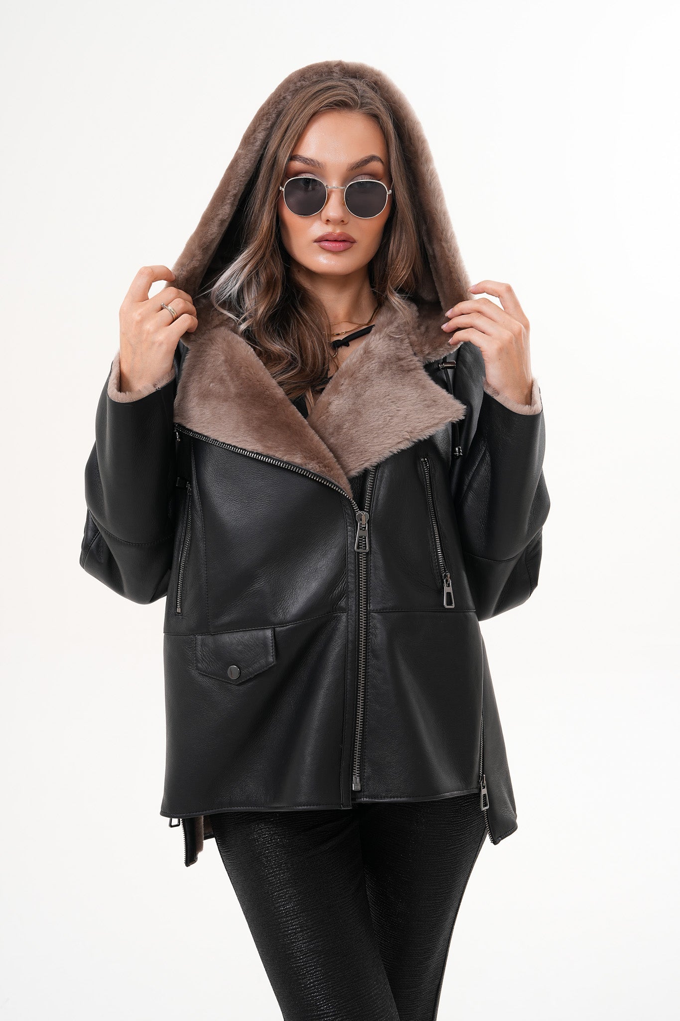 The Duchess Shearling Brown Leather Hooded Jacket On Sale