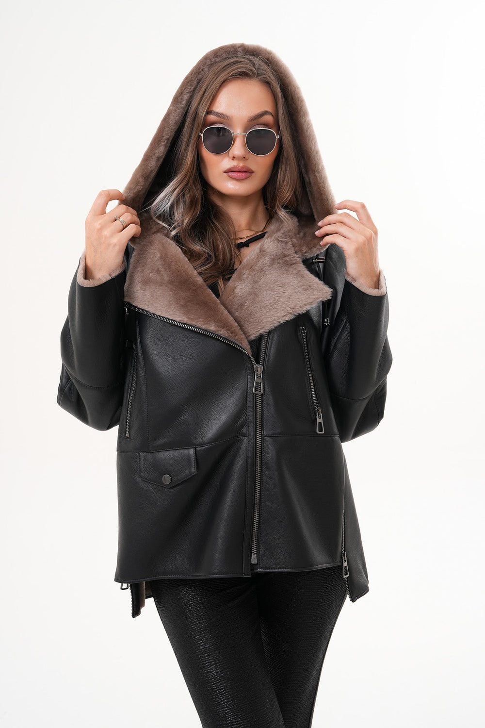 The Duchess Shearling Brown Leather Hooded Jacket On Sale