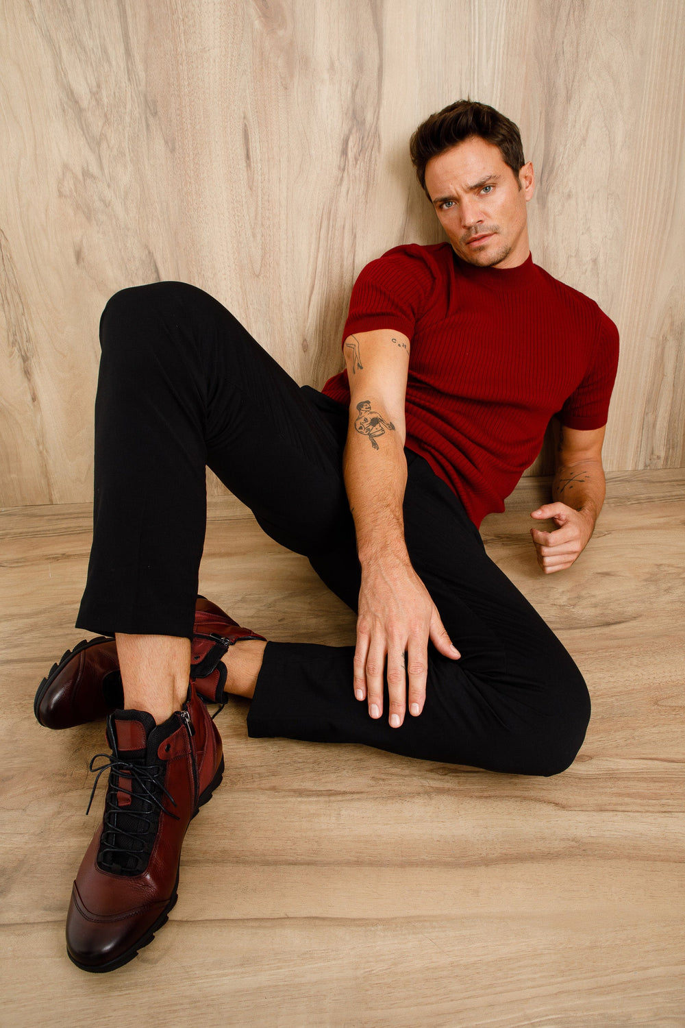 The Houston Leather Burgundy Lace-Up Casual Boot with a Zipper For Sale