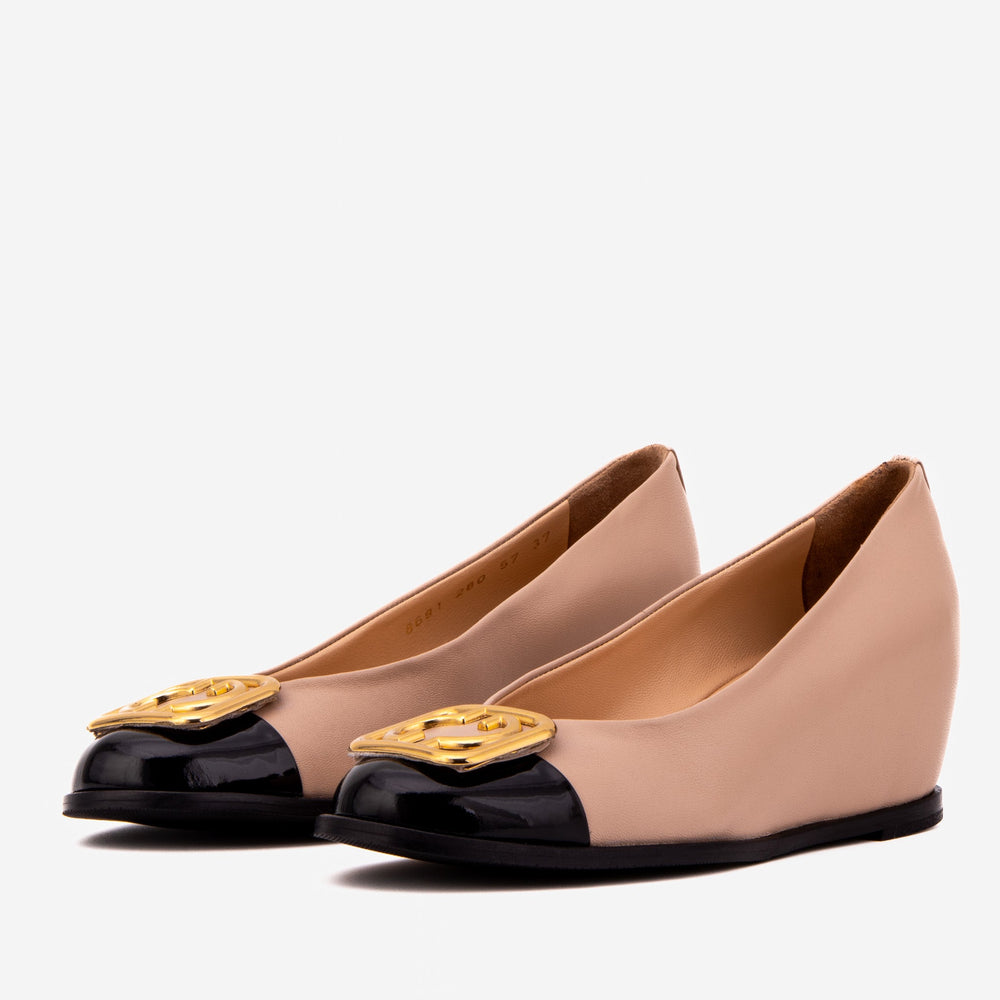 The Selene Beige Black Leather Wedge Heel Shoe On Sale