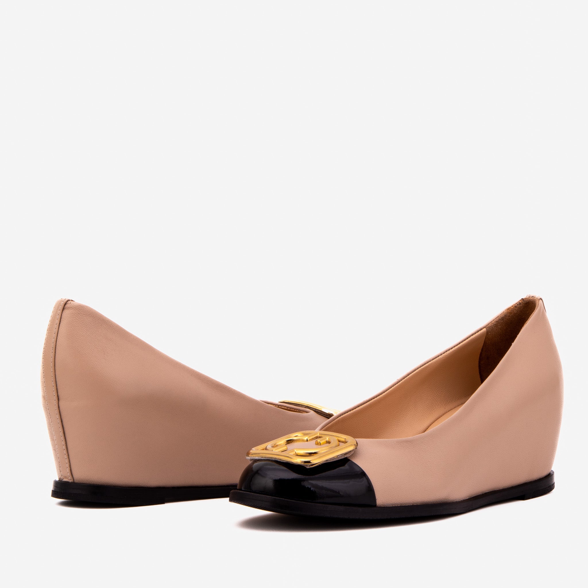 The Selene Beige Black Leather Wedge Heel Shoe On Sale