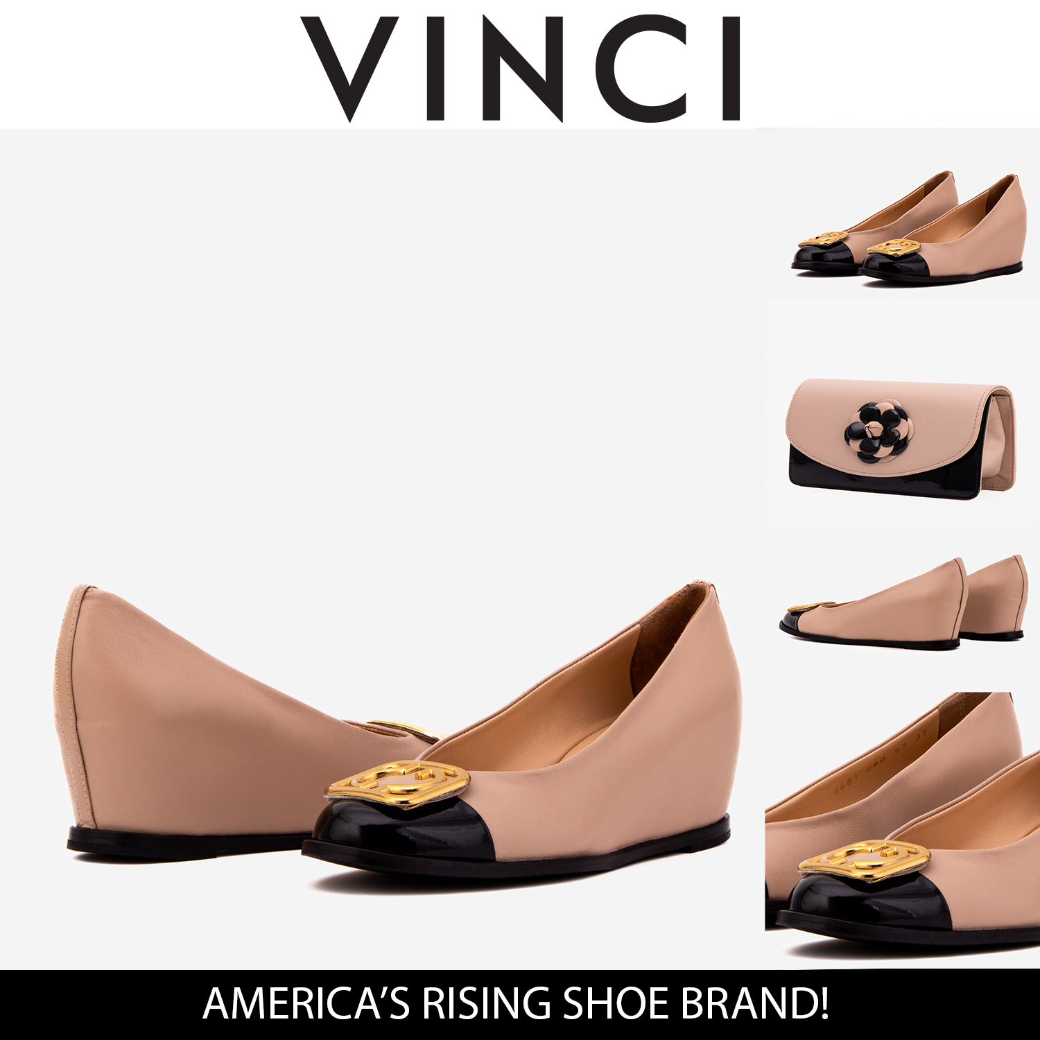 The Selene Beige Black Leather Wedge Heel Shoe On Sale