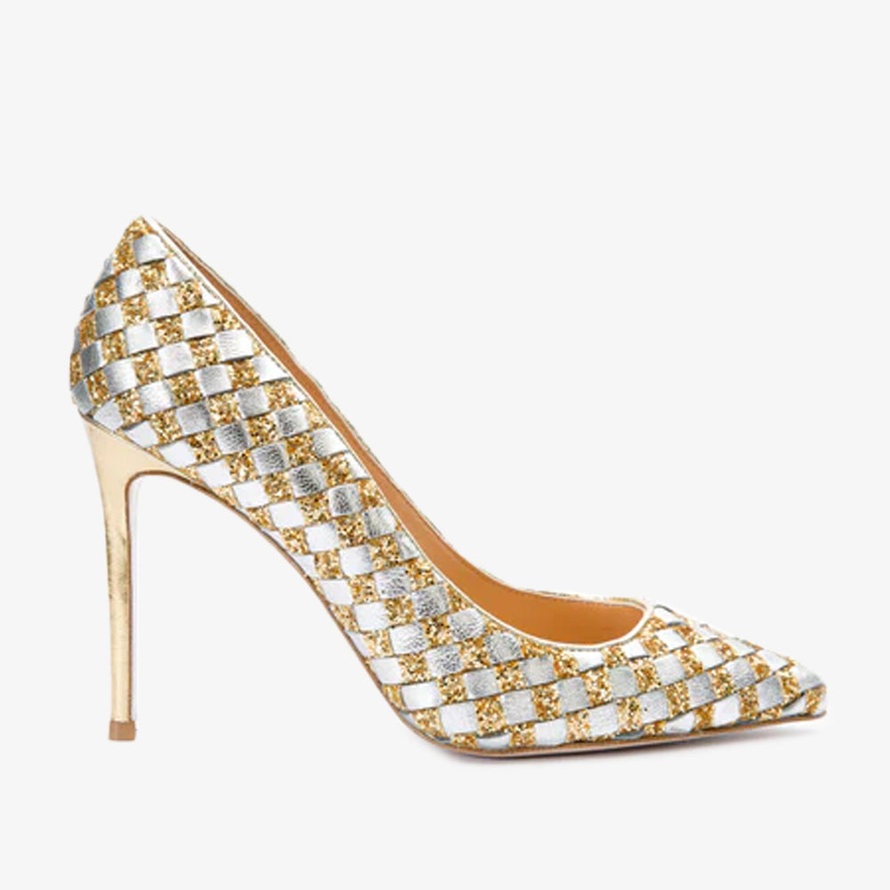 The Saks Tory Gold Silver Handwoven Leather Pump Shoe For Sale