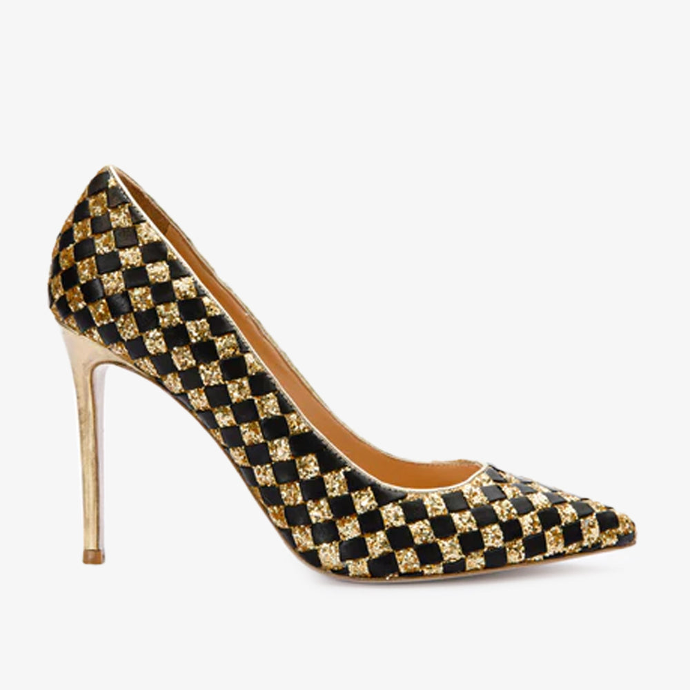The Saks Tory Gold Black Handwoven Leather Pump Shoe Fine Craftsmanship