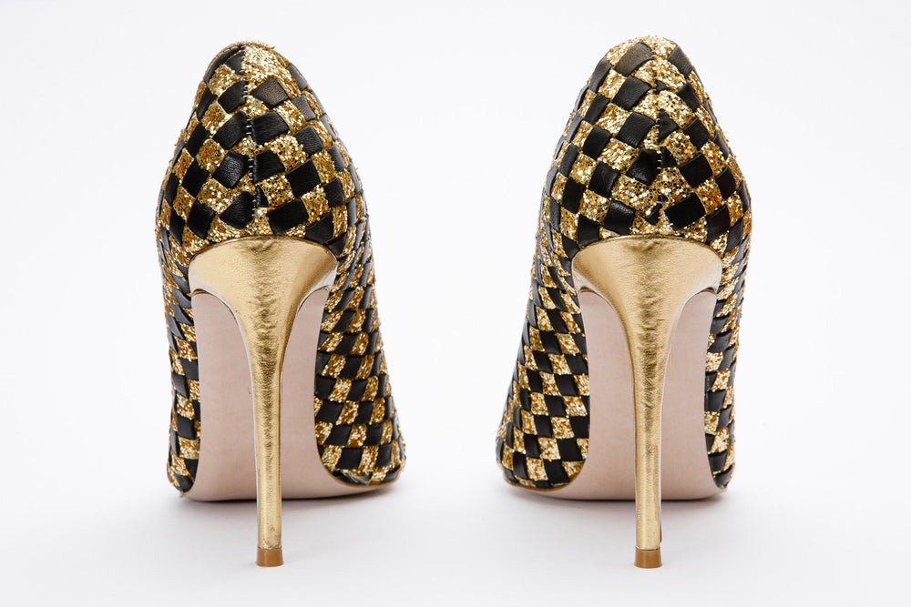 The Saks Tory Gold Black Handwoven Leather Pump Shoe Fine Craftsmanship